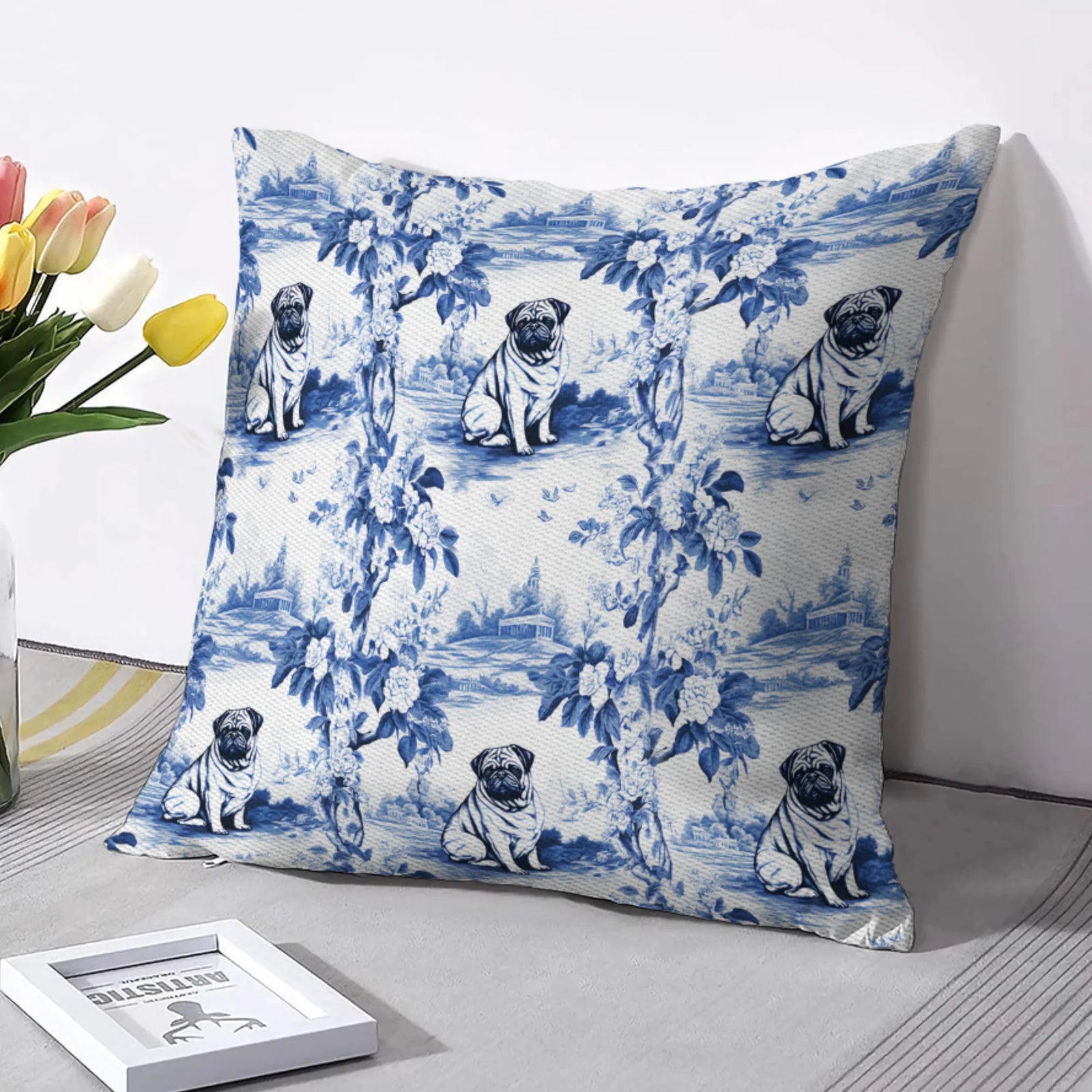 Pug Toile II Drawing Pillow Cover, Blue and White, Chinoiserie Porcelain Inspired, Gift for Pug Owner or Dog Lover