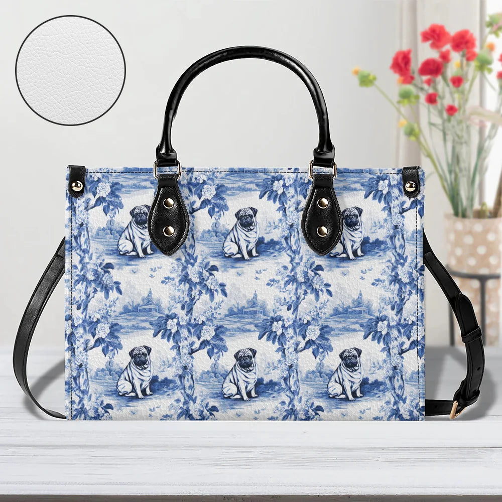 Pug Toile II Drawing Leather Handbag, Blue and White, Chinoiserie Porcelain Inspired, Gift for Pug Owner or Dog Lover