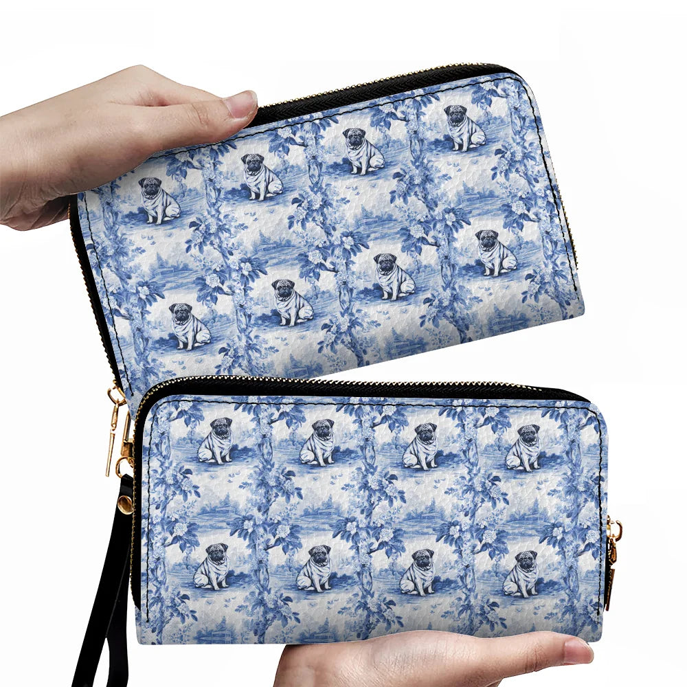 Pug Toile II Drawing Leather Wallets, Blue and White, Chinoiserie Porcelain Inspired, Gift for Pug Owner or Dog Lover