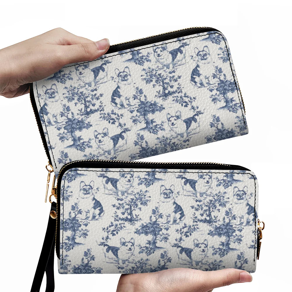Corgi French Toile de Jouy Leather Wallets - Elegant Blue Toile Leather Wallets for Corgi Mom, Corgi Welsh Pembroke Gifts, Dog Lover Leather Wallets
