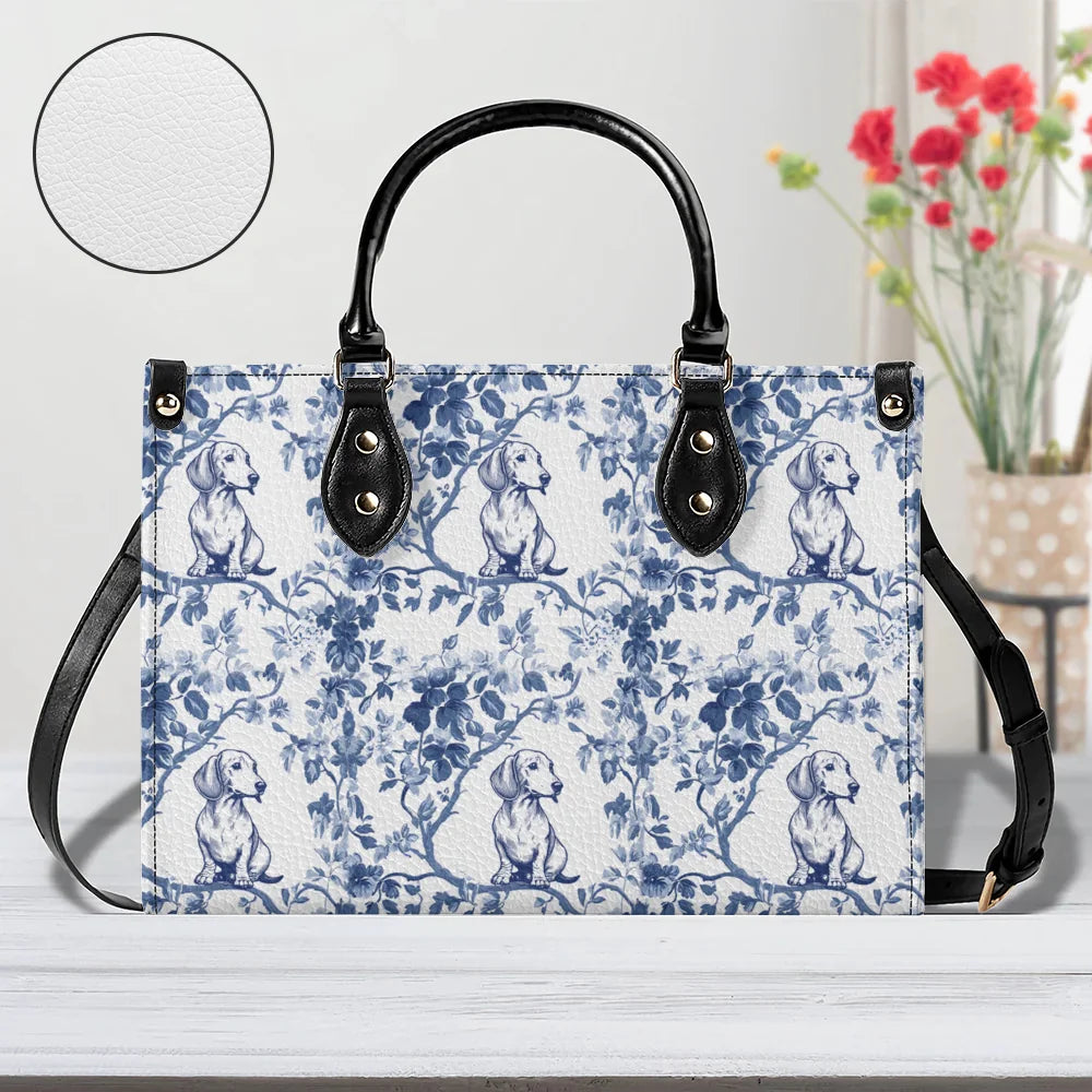Blue Toile Leather Handbag for Doxie Mom, Sausage Dog Lover Gifts, Dachshund French Toile de Jouy Leather Handbag