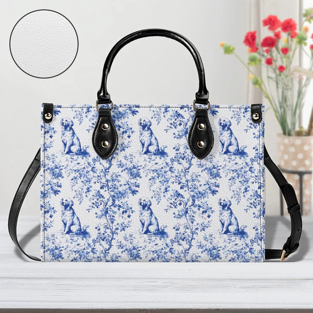 Golden Retriever French Toile de Jouy Leather Handbag - Elegant Blue Toile for Golden Mom, Golden Retriever Lover Gifts, Dog Lover