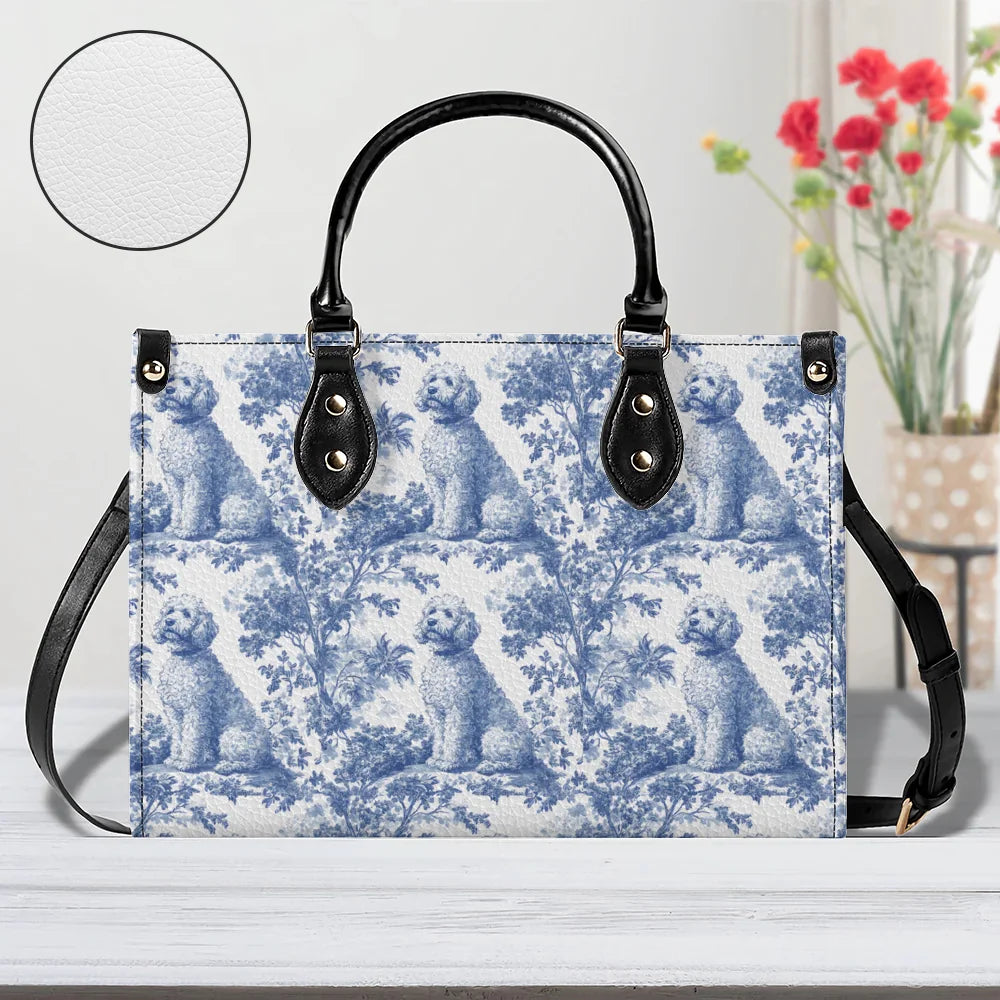 Golden doodle French Blue Toile de Jouy Leather Handbag, Golden doodle Leather Handbag, Doodle Gift, Golden doodle gift, Goldendoodle, Doodle mama Gift, Doodle Mom