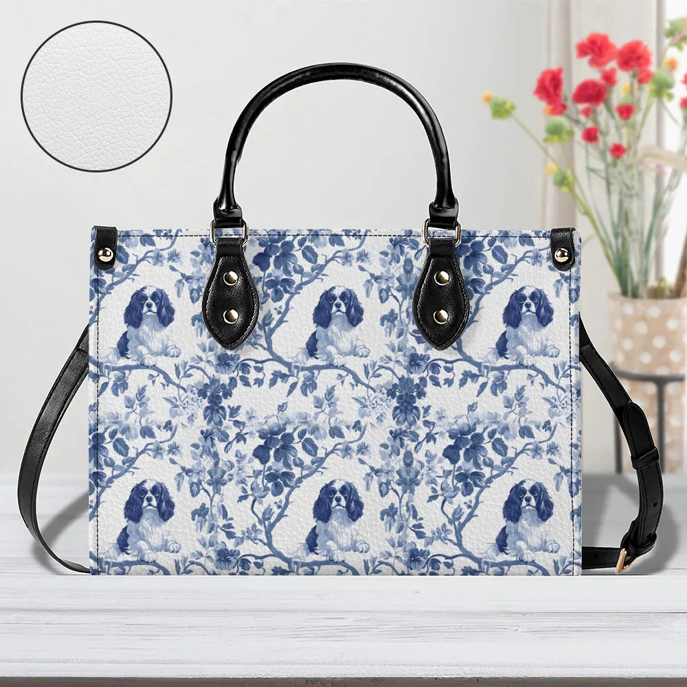 Cavalier King Charles Spaniel French Blue Toile de Jouy Leather Handbag, Blue toile de jouy Leather Handbag, Cavalier Leather Handbag, Cavalier Spaniel Gift, Cavalier Spaniel