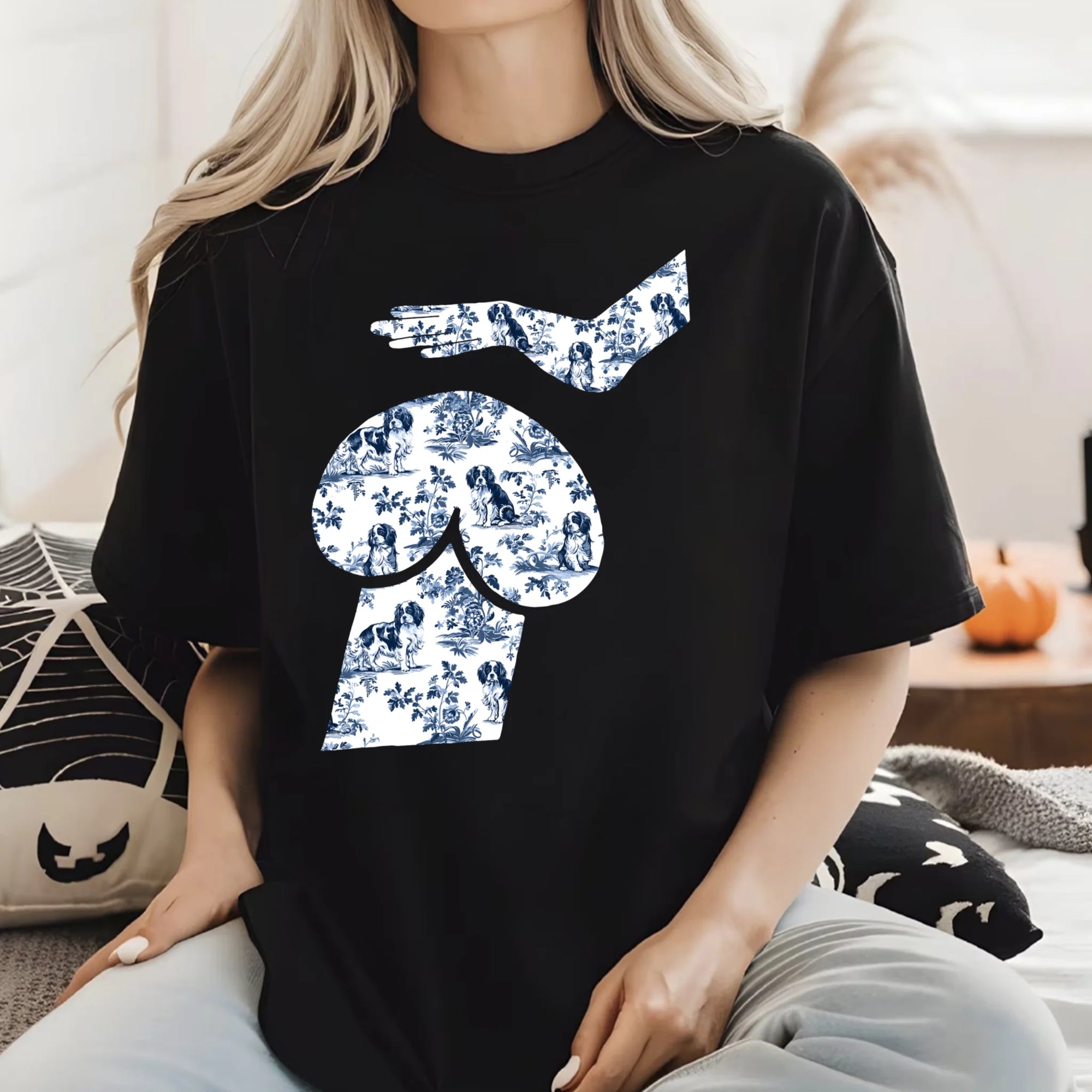 Cavalier King Charles Spaniel French Toile de Jouy t-shirt - Blue Toile t-shirt for Cavalier Mom, Cavalier Lover Gifts