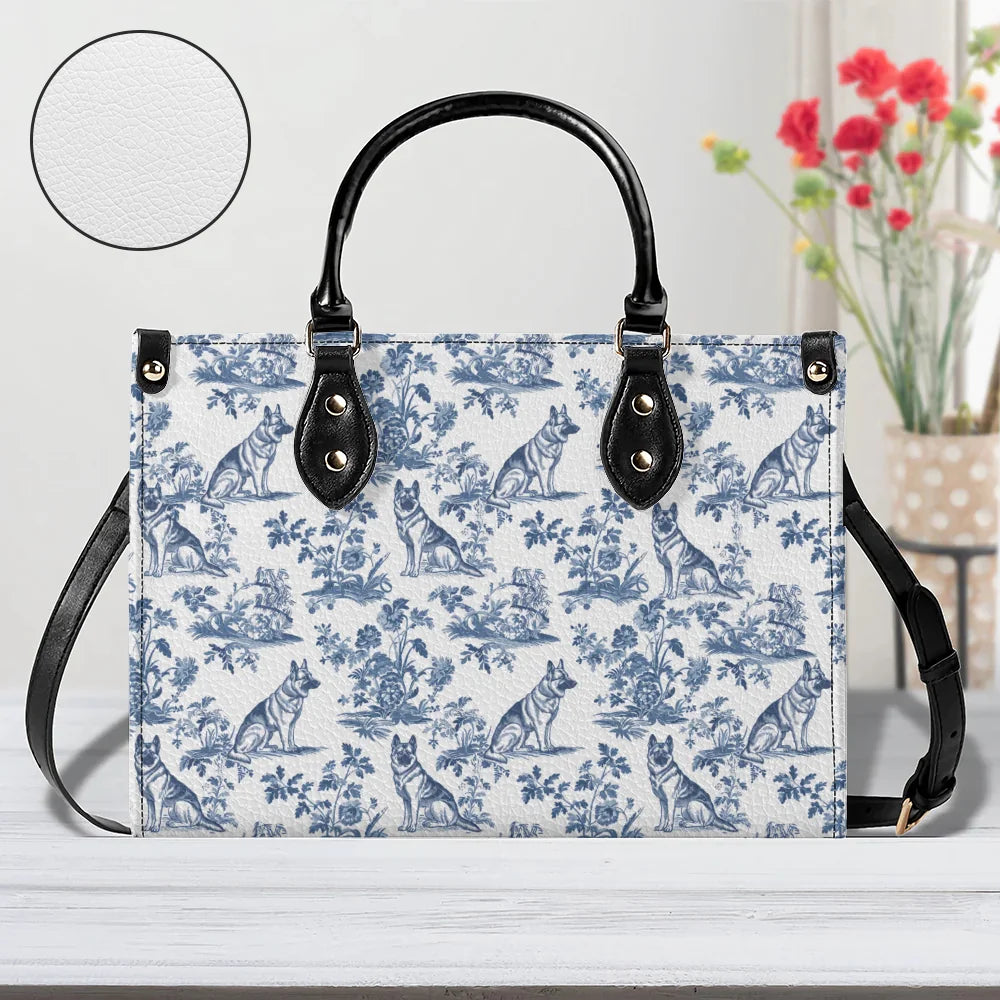 German Shepherd French Toile de Jouy Leather Handbag - Elegant Blue Toile Leather Handbag for German Shepherd Mom, Dog Lover Gifts