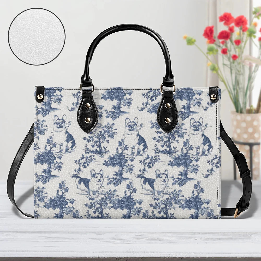 Corgi French Toile de Jouy Leather Handbag - Elegant Blue Toile Leather Handbag for Corgi Mom, Corgi Welsh Pembroke Gifts, Dog Lover Leather Handbag