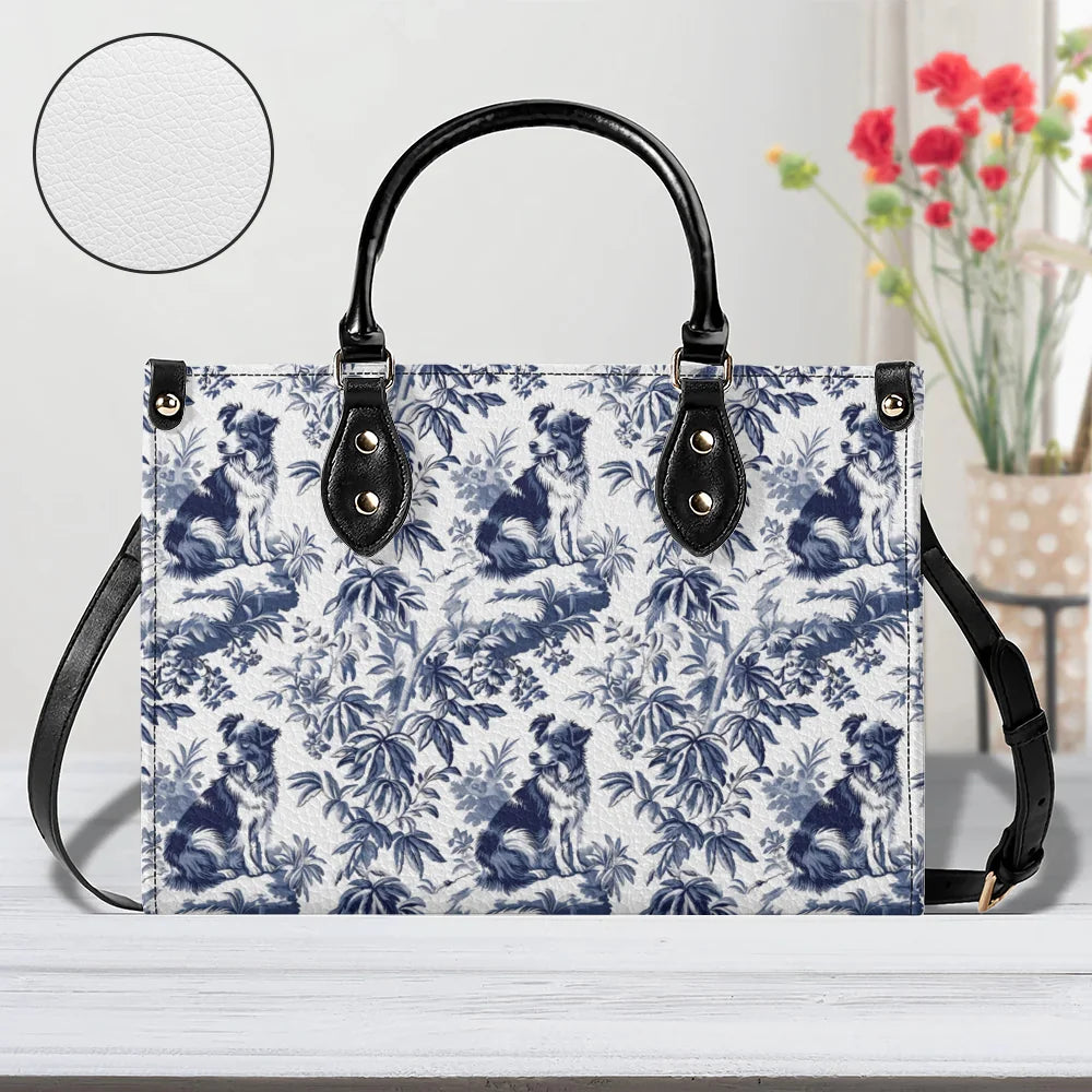 Australian Shepherd French Toile de Jouy Leather Handbag - Elegant Blue Toile Leather Handbag for Aussie Mom, Aussie Dog Lover Gifts