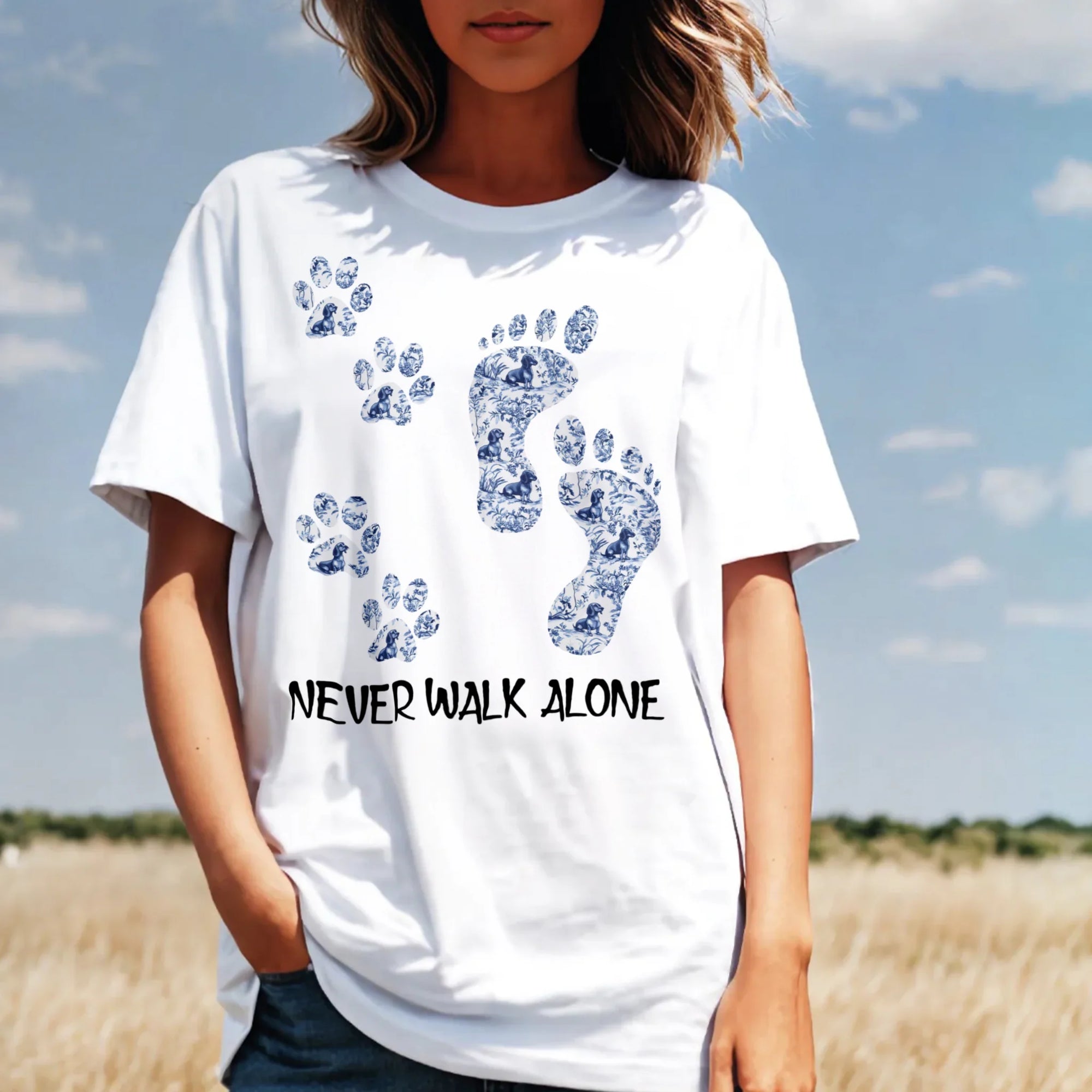 Dachshund French Toile de Jouy t-shirt - Blue Toile t-shirt for Doxie Mom, Sausage Dog Lover Gifts, Never Walk Alone Paw Dog