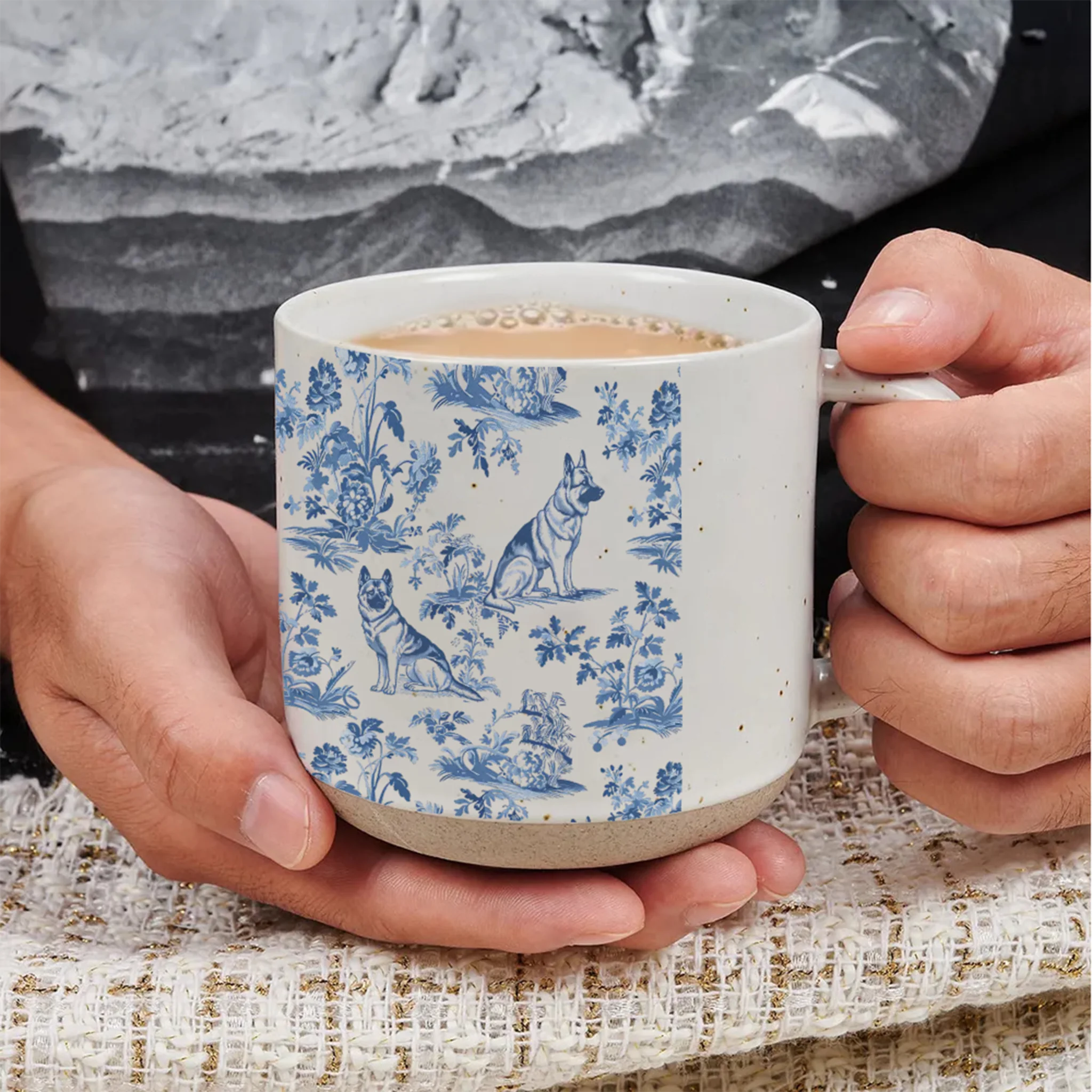 German Shepherd French Toile de Jouy 12OZ Pottery Mug - Elegant Blue Toile 12OZ Pottery Mug for German Shepherd Mom, Dog Lover Gifts