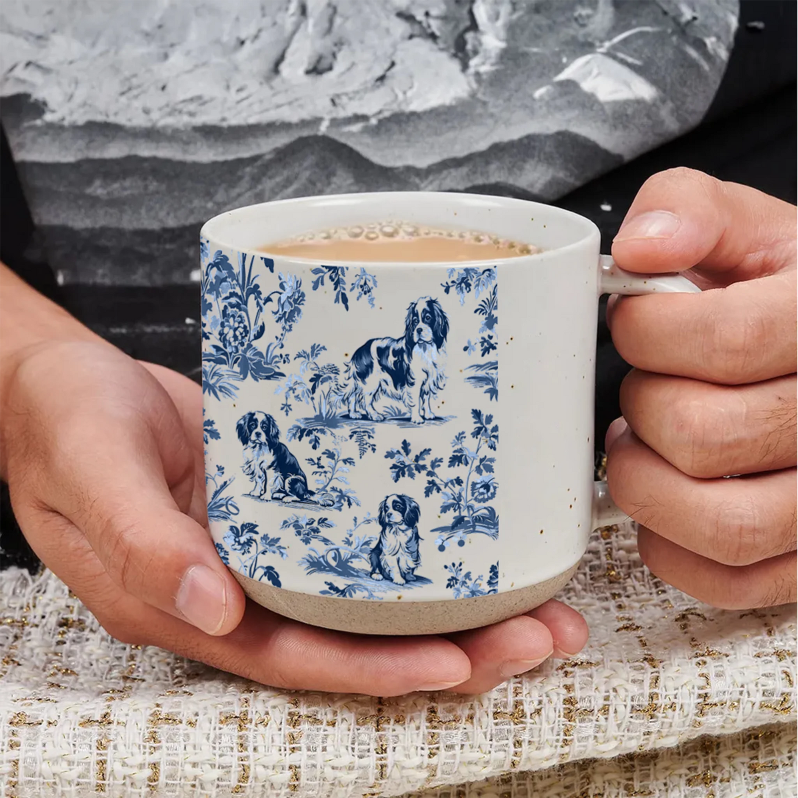 Cavalier King Charles Spaniel French Toile de Jouy 12OZ Pottery Mug - Blue Toile Coffee Cup for Cavalier Mom, Cavalier Lover Gifts, Dog Tea Drinkware