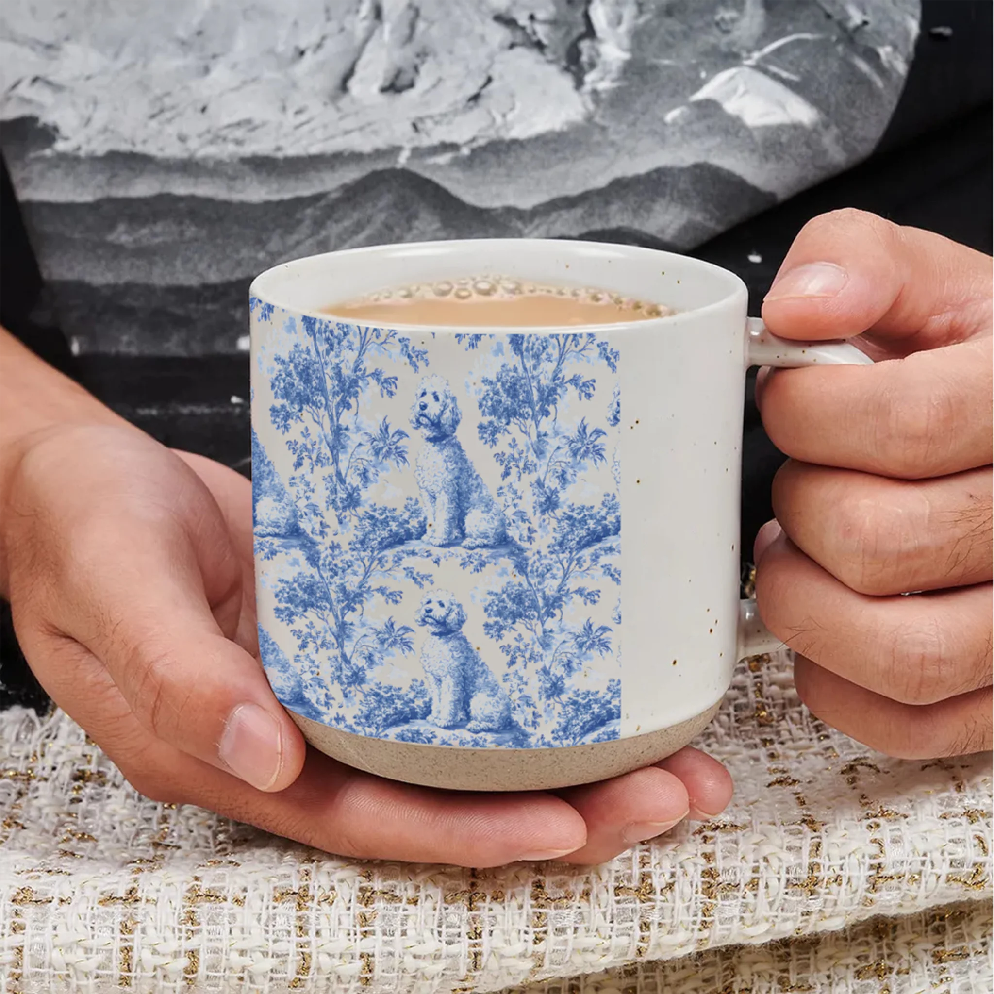 Golden doodle French Blue Toile de Jouy 12OZ Pottery Mug, Golden doodle Mugs, Doodle Gift, Golden doodle gift, Goldendoodle, Doodle mama Gift, Doodle Mom