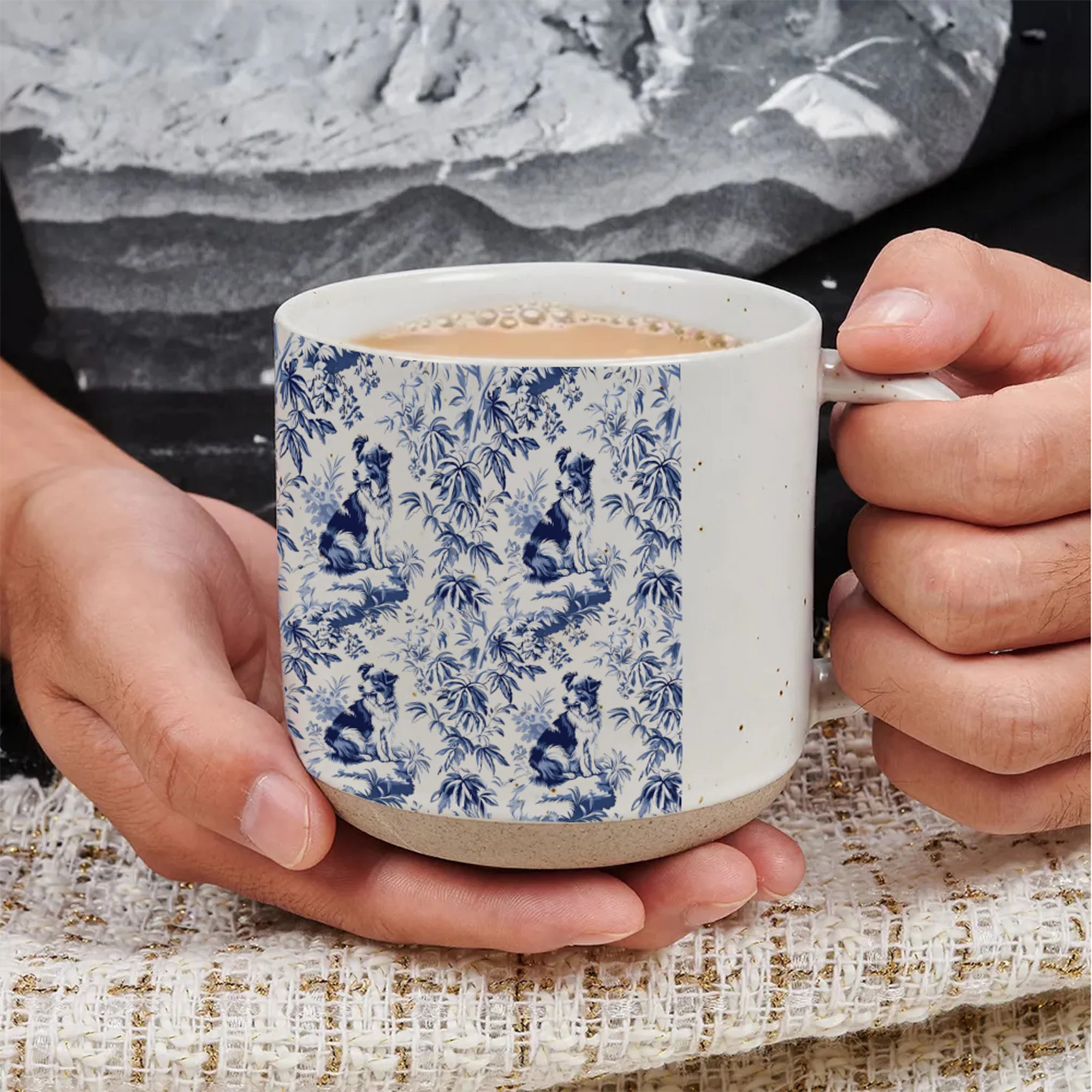 Australian Shepherd French Toile de Jouy 12OZ Pottery Mug, Blue toile de jouy, Australian Shepherd French 12OZ Pottery Mug