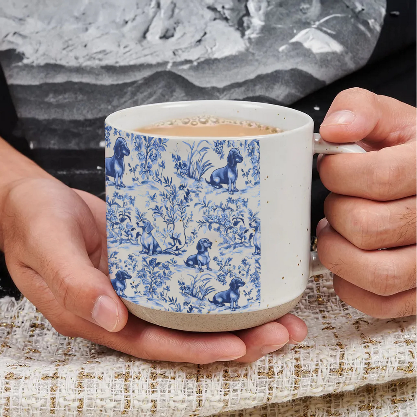 Dachshund French Toile de Jouy 12OZ Pottery Mug - Blue Toile Pottery Mug for Doxie Mom, Sausage Dog Lover Gifts, Dog Tea Drinkware