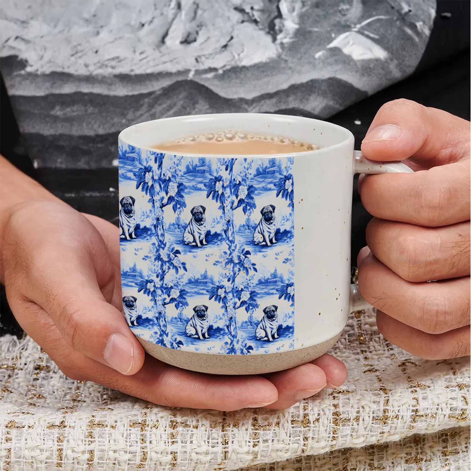 Pug Toile II Drawing 120z pottery mug, Blue and White, Chinoiserie Porcelain Inspired, Gift for Pug Owner or Dog Lover