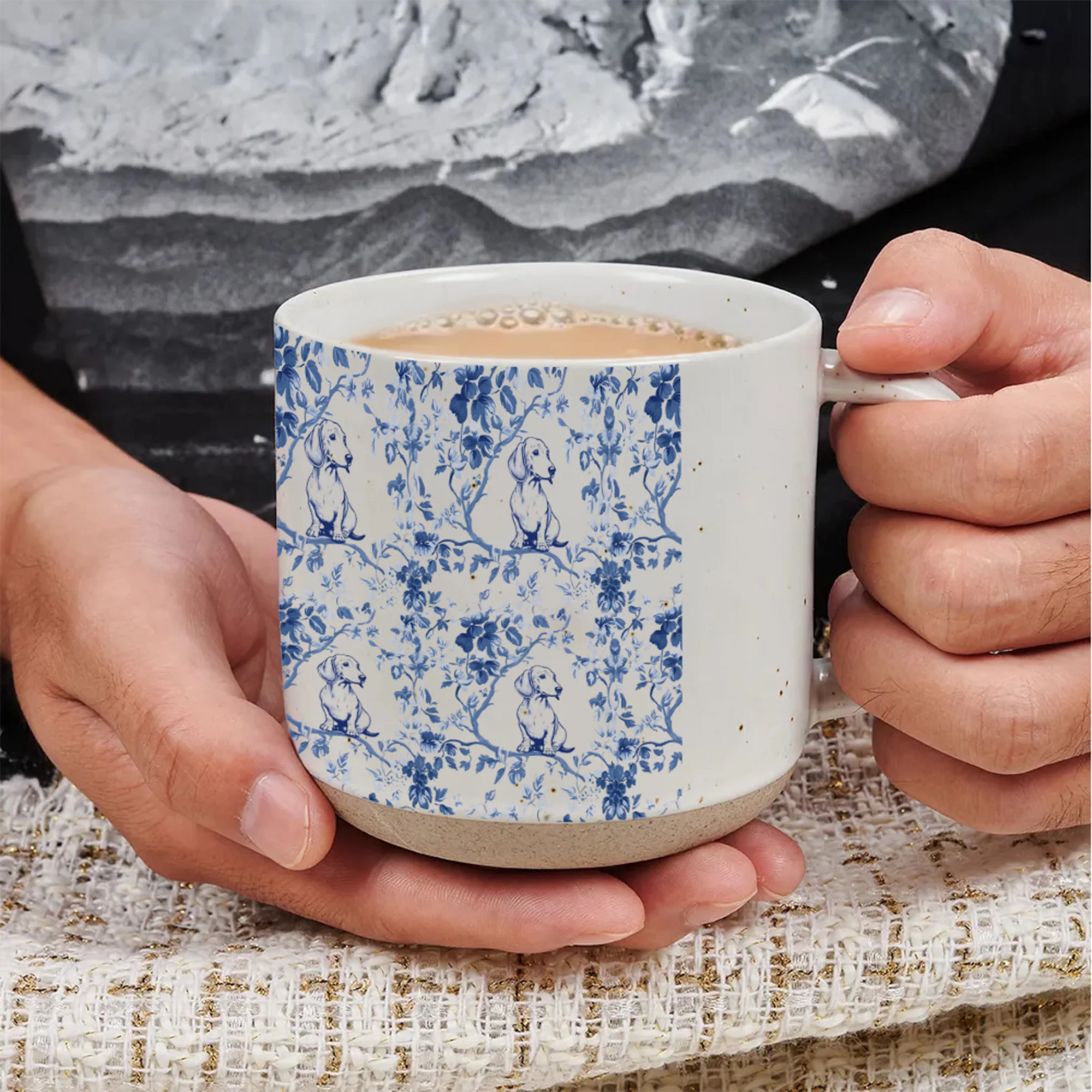 Blue Toile 12OZ Pottery Mug  for Doxie Mom, Sausage Dog Lover Gifts, Dachshund French Toile de Jouy 12OZ Pottery Mug