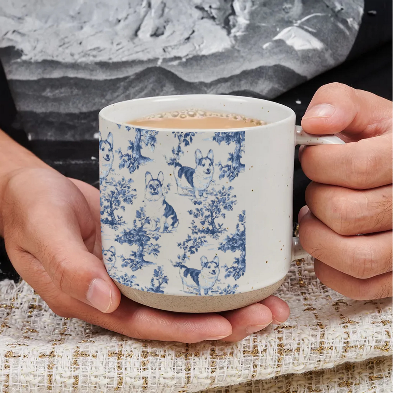 Corgi French Toile de Jouy 12OZ Pottery Mug - Elegant Blue Toile Coffee Cup for Corgi Mom, Corgi Welsh Pembroke Gifts, Dog Lover Coffee Tea Cup Drinkware