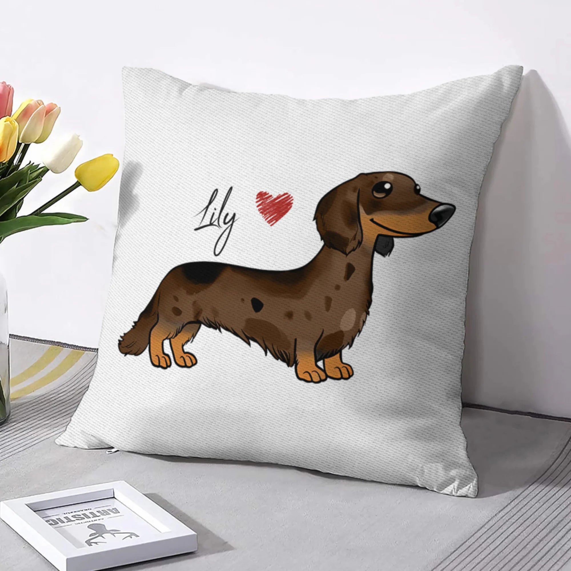 Custom Dachshund Pillow Cover, Personalized Doxie Wiener Dachshund Gift, Dachshund Pillow Cover, Dapple Long Wirehaired Dachshund Owner Pillow Cover, Piebald Dachshund