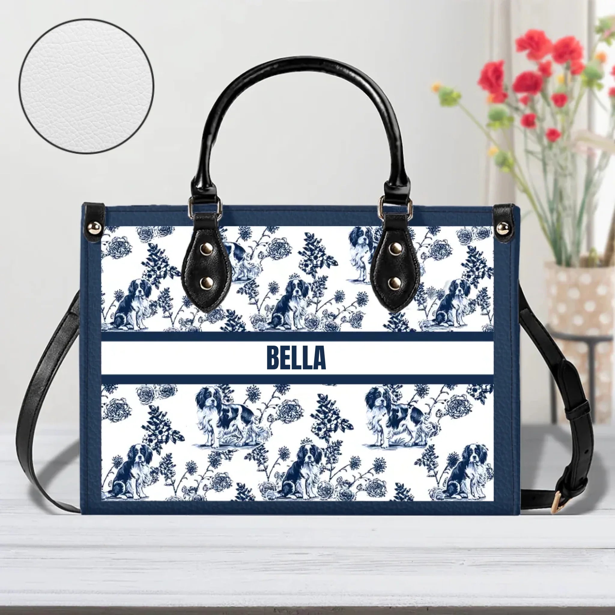 Cavalier King Charles Spaniel French Toile de Jouy Leather Handbag | Personalized Handbag | Custom Name Hand Bag | Blue Toile for Cavalier Mom, Cavalier Lover Gifts | Leather Handbag for Bachelorette, Birthday, Gift for Her