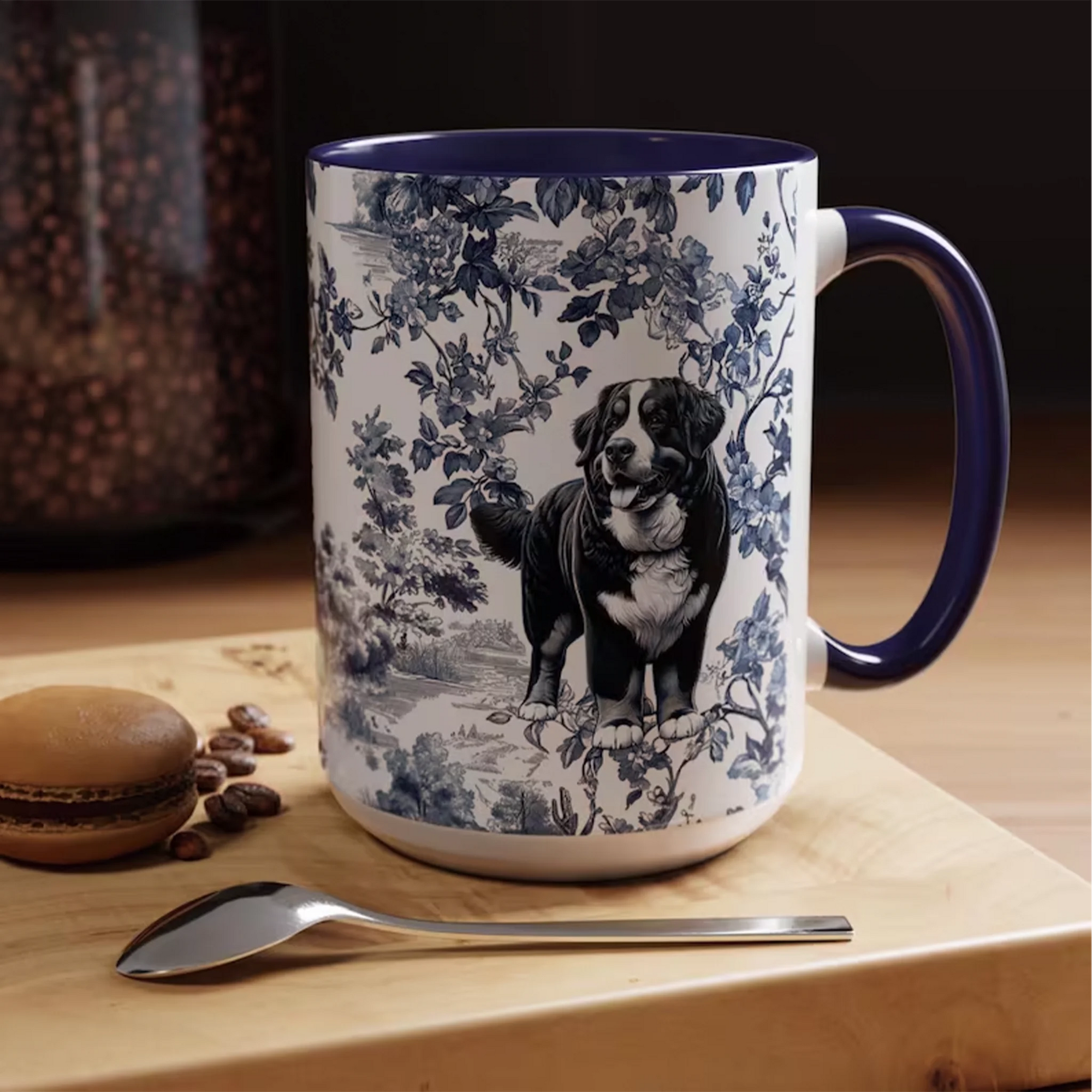 Toile Bernese Mountain Dog Mug Berner Blue and White Mug Elegant Dog Lover Gift Bernese Mom Coffee Cup