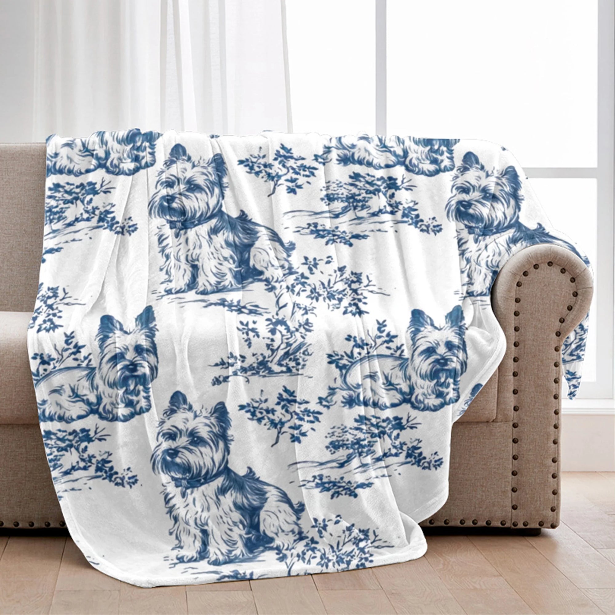 Yorkshire Terrier French Toile de Jouy Blanket - Elegant Yorkie Lovers Blue Toile Blanket for Dog Mom, Chinoiserie Pattern Blanket Gifts