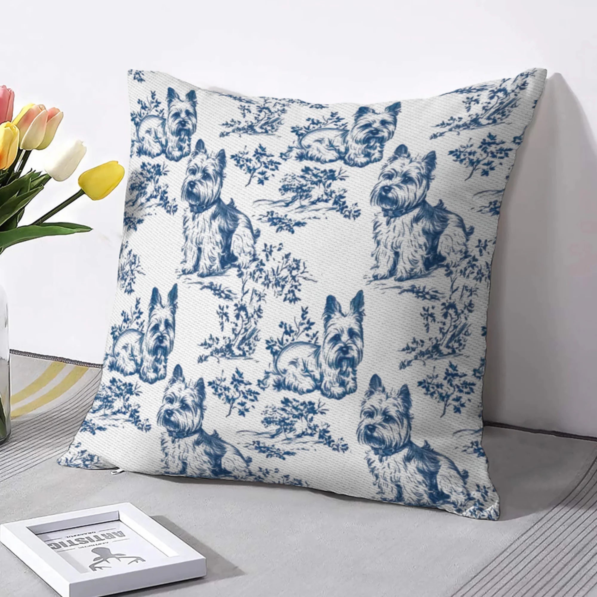 Yorkshire Terrier French Toile de Jouy pillow cover - Elegant Yorkie Lovers Blue Toile for Dog Mom, Chinoiserie Pattern pillow cover Gifts