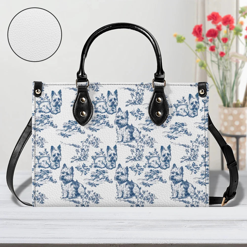 Yorkshire Terrier French Toile de Jouy Leather Handbag - Elegant Yorkie Lovers Blue Toile Leather Handbag for Dog Mom, Chinoiserie Pattern Leather Hangbag Gifts