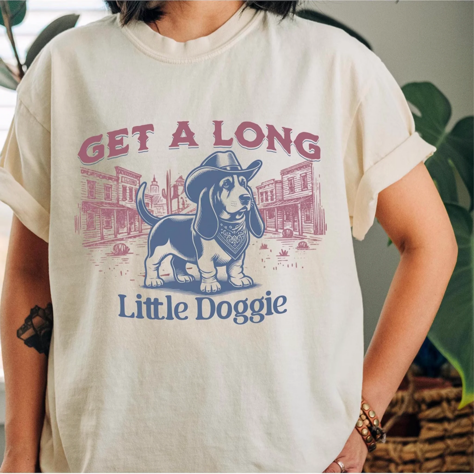 Basset hound shirt, Comfort Colors, Get A long Little Doggie, Vintage Western Shirt, Western dog shirt, Funny Dog shirt, Dad Joke shirt