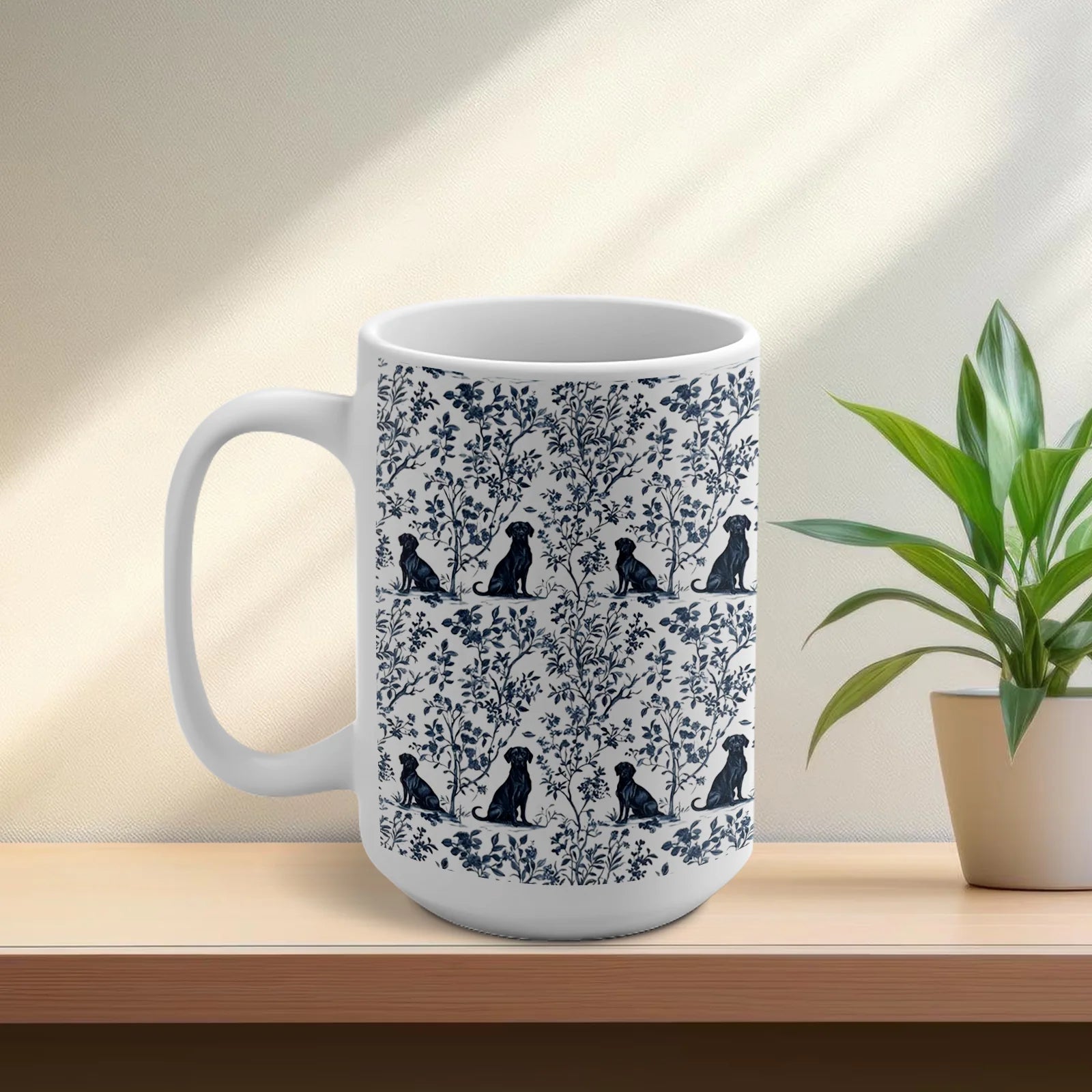 Black Lab French Toile de Jouy Mug - Deep Blue and Cream Toile Coffee Cup for Black Lab Mom, Labrador Gifts, Pet Dog Lovers Tea Coffee Mug