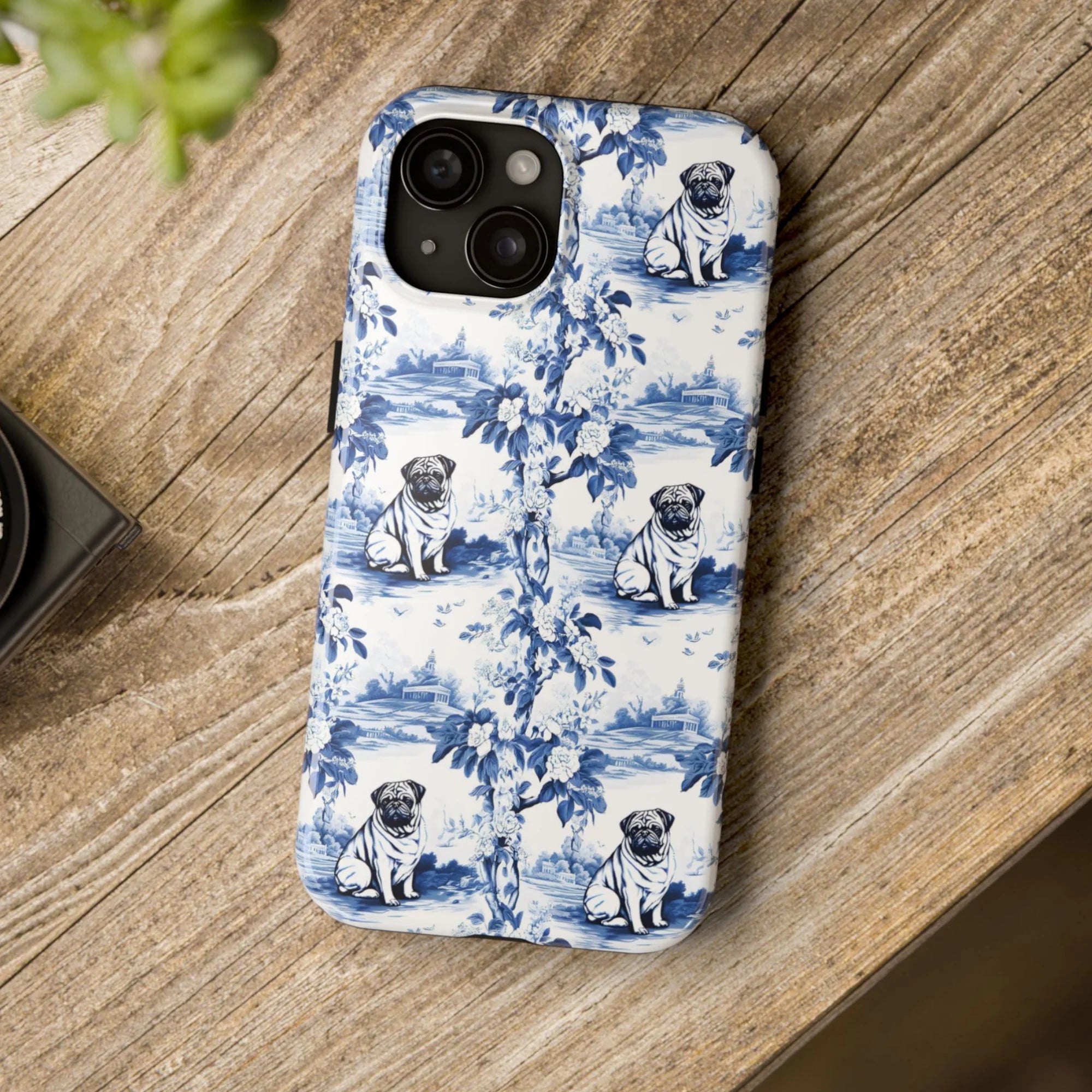 Pug Toile II Drawing phone case, Blue and White, Chinoiserie Porcelain Inspired, Gift for Pug Owner or Dog Lover