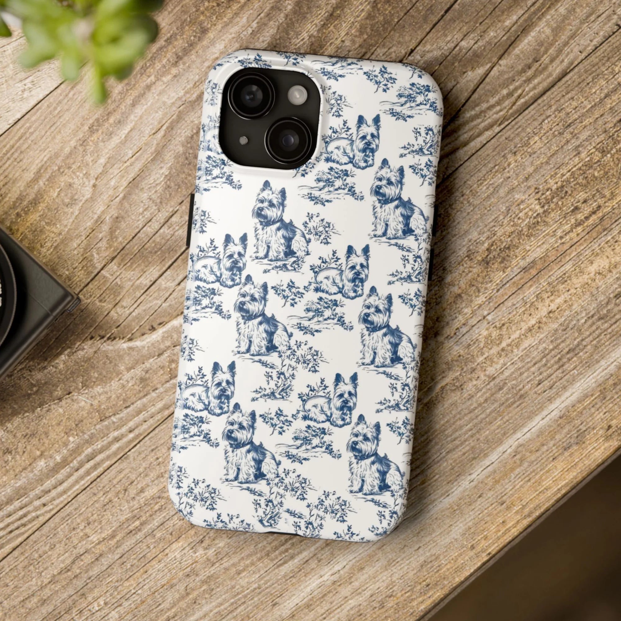 Yorkshire Terrier French Toile de Jouy phone case - Elegant Yorkie Lovers Blue Toile phone case for Dog Mom, Chinoiserie Pattern phone case