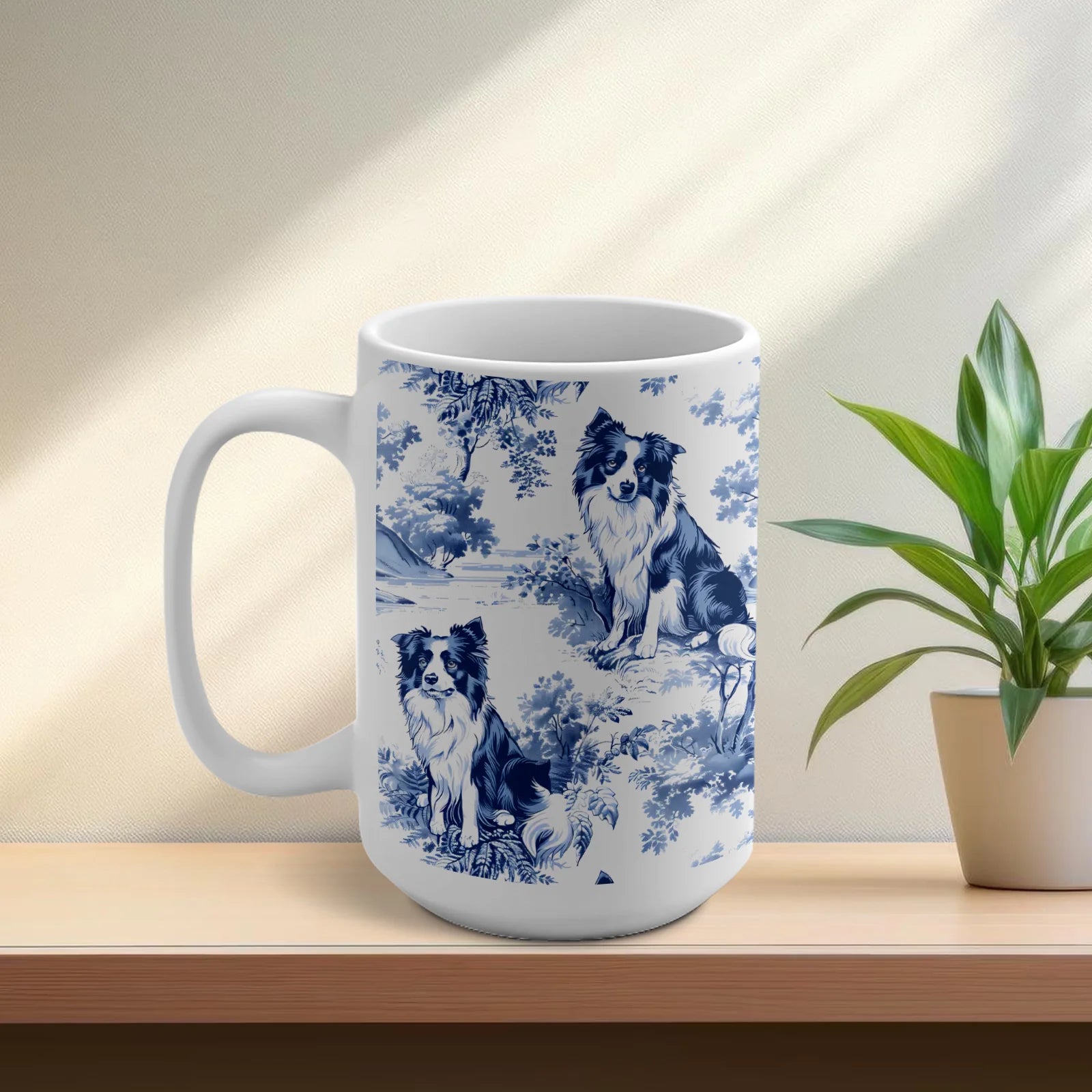 Border Collie French Toile de Jouy Mug - Elegant Border Collie Lovers Blue Toile Coffee Cup for Dog Mom, Chinoiserie Pattern Tea Cup Gifts