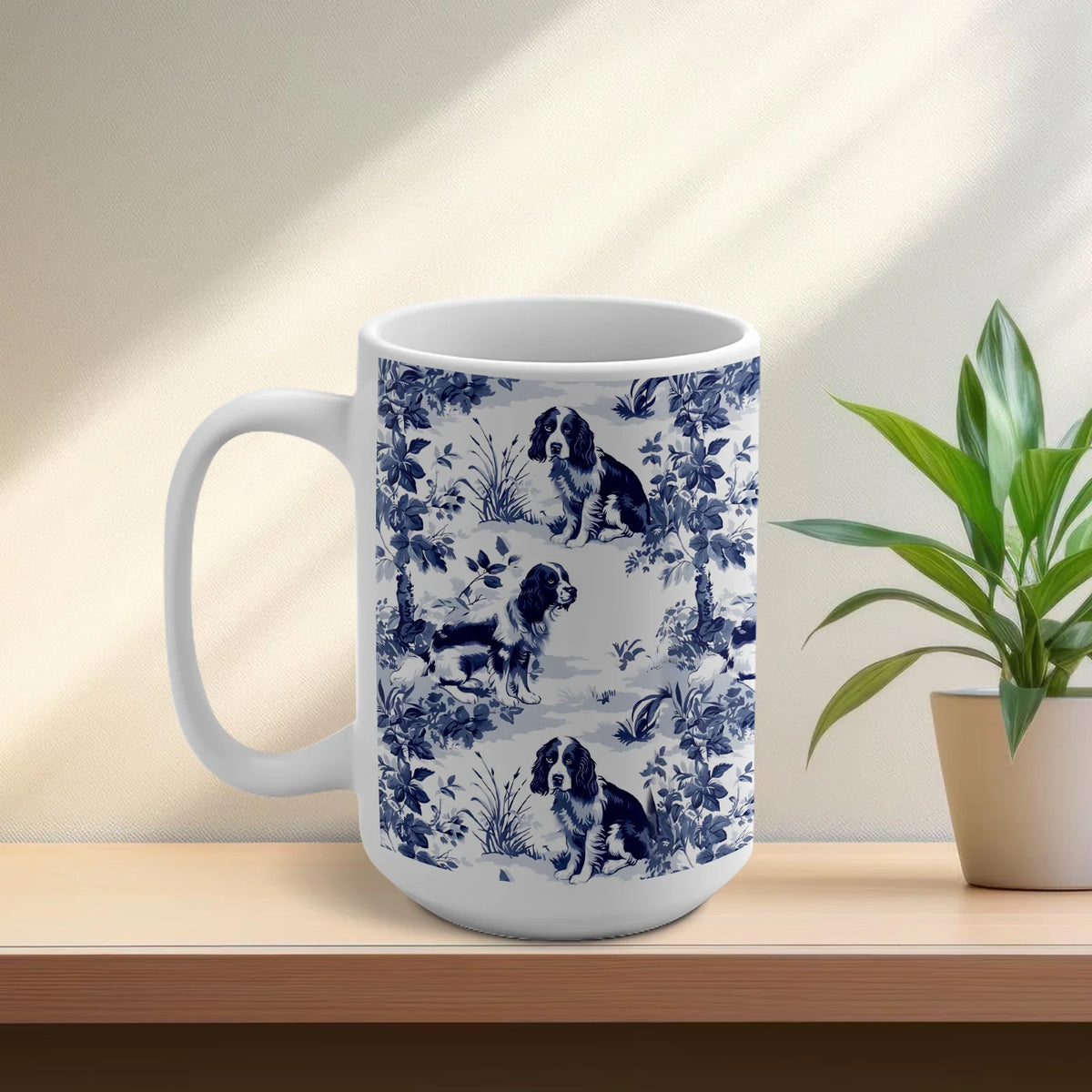 Springer Spaniel French Toile de Jouy Mug - Elegant Blue Toile Coffee Cup for Springer Mom, Springer Spaniel Gifts, Dog Lover Tea Drinkware