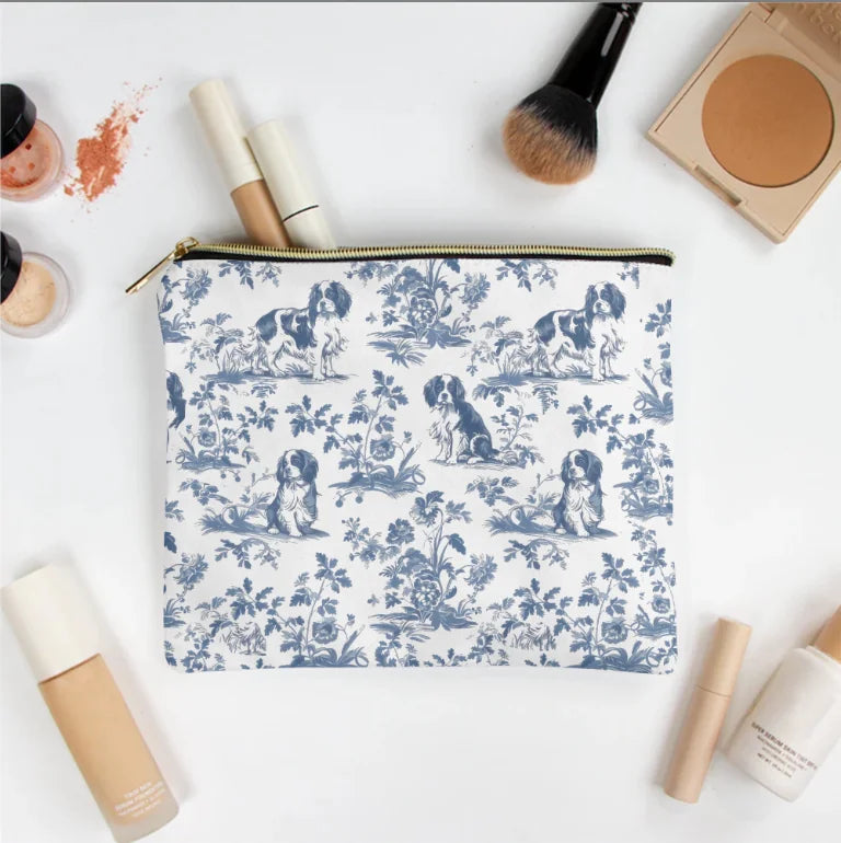 Cavalier King Charles Spaniel cosmetic bag, Blue French Toile Pattern Accessory Pouch, Zippered Makeup Bag, Travel Pouch, Cavalier Gifts