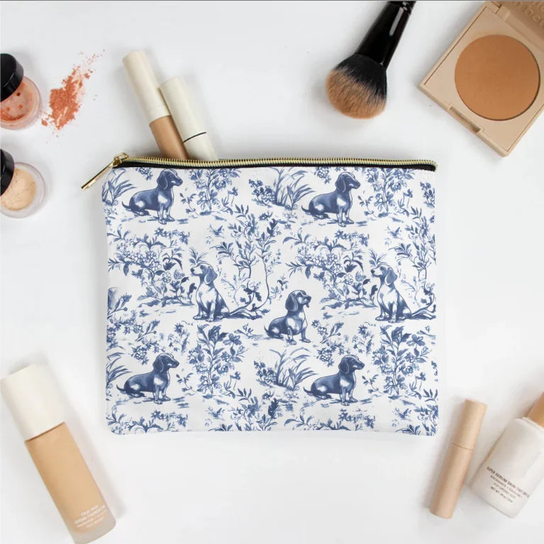 Dachshund French Toile de Jouy cosmetic bag - Blue French Toile Pattern Accessory Pouch, Zippered Makeup Bag, Travel Pouch, Dachshund Gifts