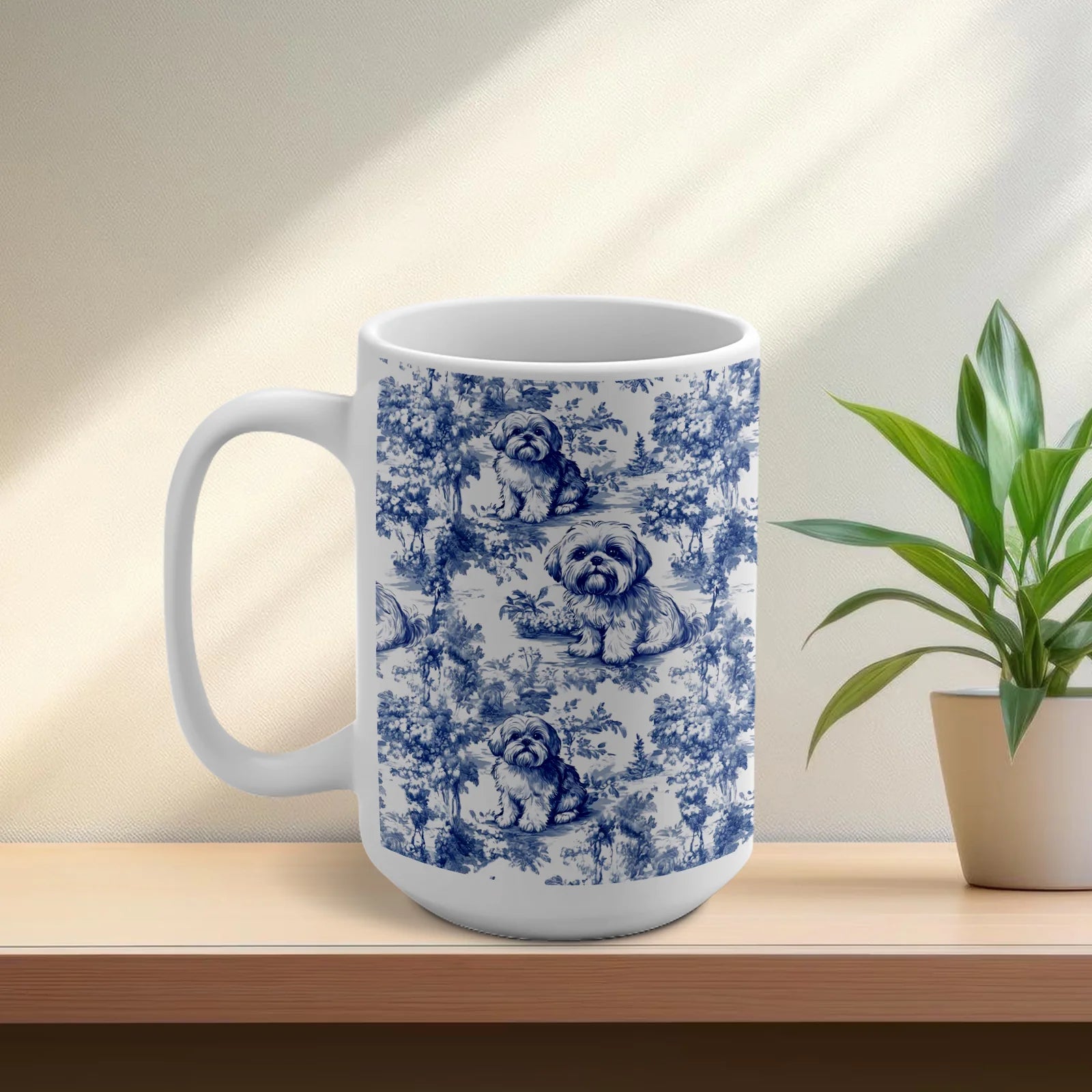 Shih Tzu French Toile de Jouy Mug - Elegant Blue Toile Coffee Cup for Shih Tzu Mom, Dog Lover Gifts, Dog Tea Ceramic Drinkware