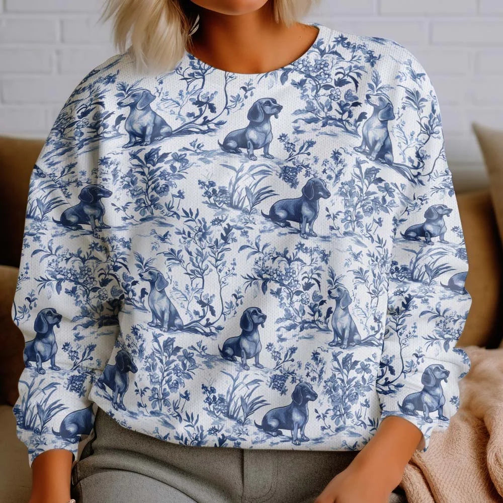 Dachshund Sweatshirt, Blue Floral Toile de Jouy Dachshund  Dog Mom Sweatshirt, Dachshund  Lover Gifts for Dog Mom