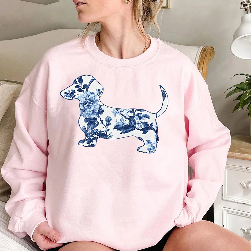 Dachshund French Toile de Jouy sweatshirt - Blue Toile sweatshirt for Doxie Mom, Sausage Dog Lover Gifts