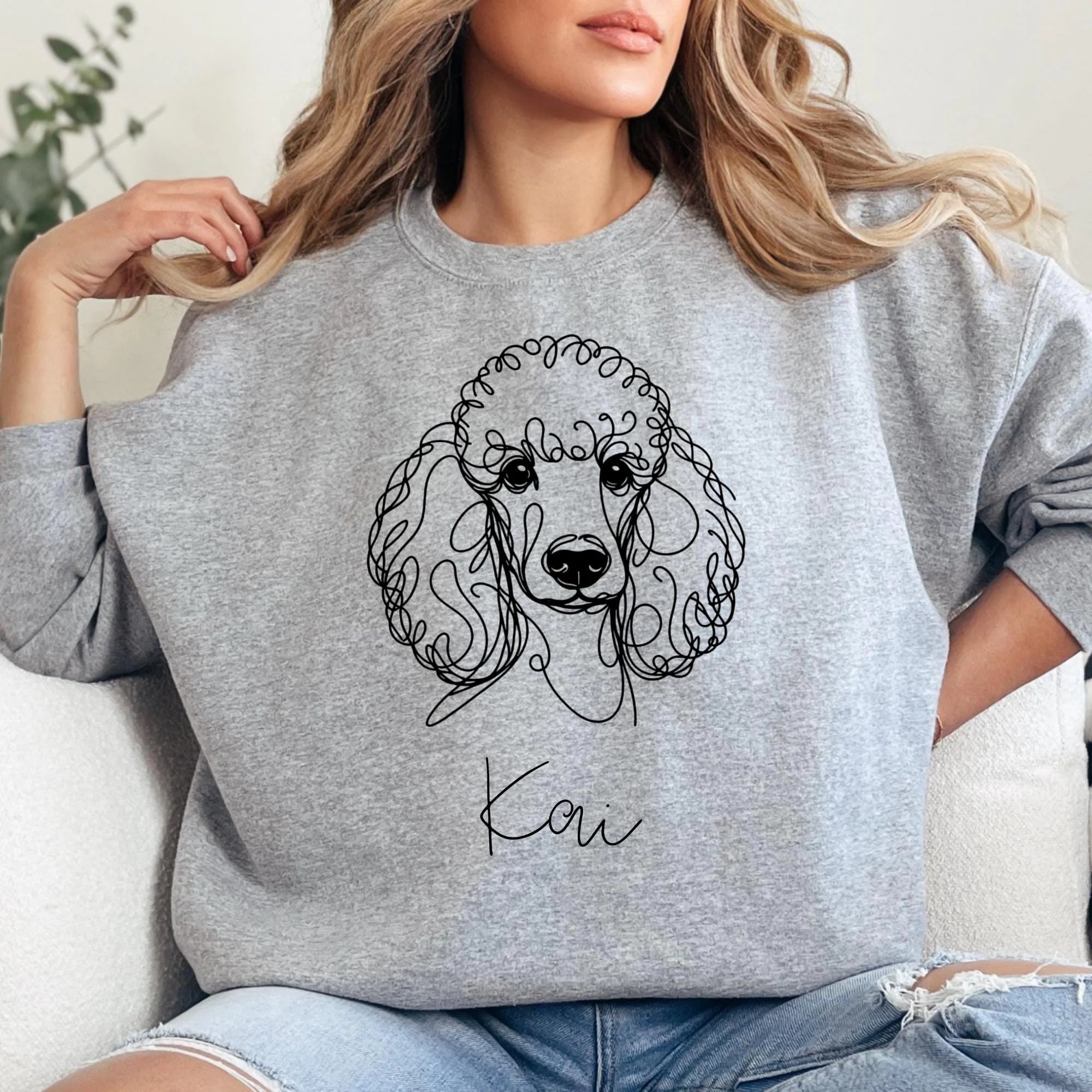 Standard Poodle Sweatshirt - Pet Portrait Custom Name Sweater - Unisex Size - Line Art Dog - Gift for Dog Owner -Poodle Present