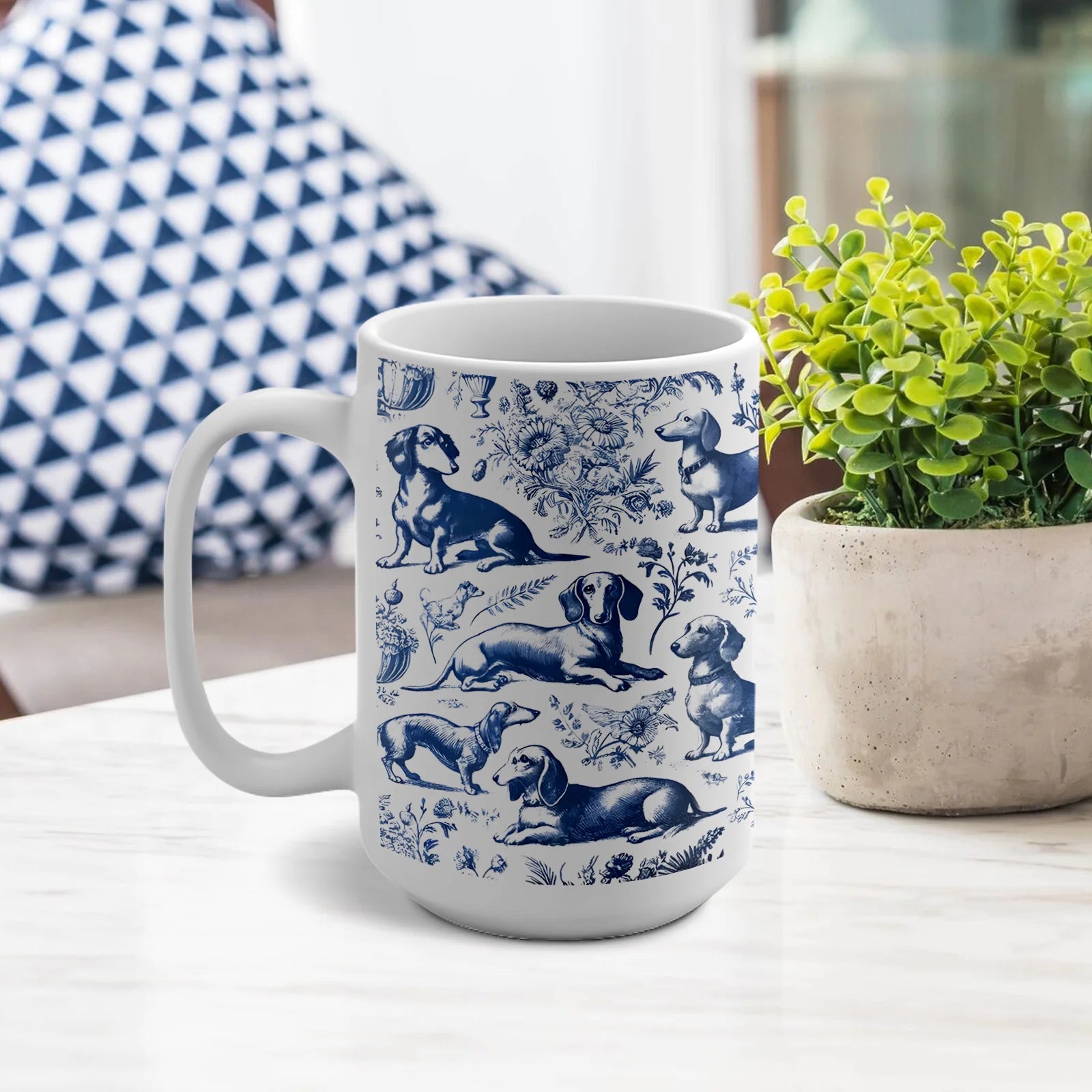 Dachshund Mug - French Toile de Jouy Mug, Dachshund Pattern, Sausage Dog Gift, Doxie Lovers, Dog Lovers Mug