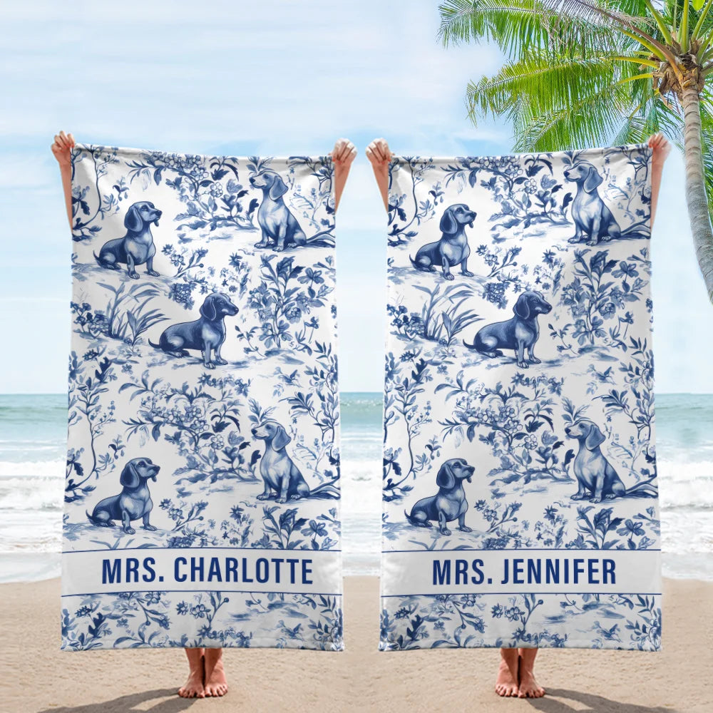 Dachshund French Toile de Jouy beach towel - Blue Toile beach towel  for Doxie Mom, Sausage Dog Lover Gifts