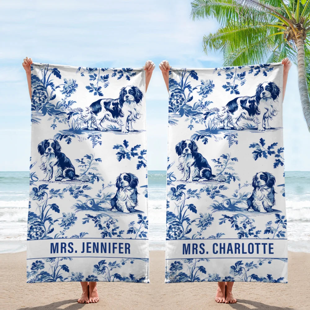 Cavalier King Charles Spaniel French Toile de Jouy beach towel - Blue Toile beach towel for Cavalier Mom, Cavalier Lover Gifts