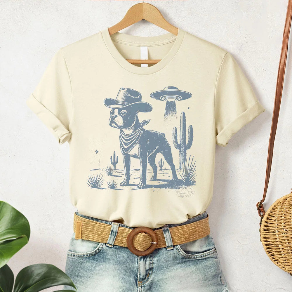 Boston Terrier Shirt, Boston Terrier Retro UFO Western Shirt, Vintage Dog T-Shirt, Cowboy TShirt, Dog Mom, Dog Dad, American Gentleman