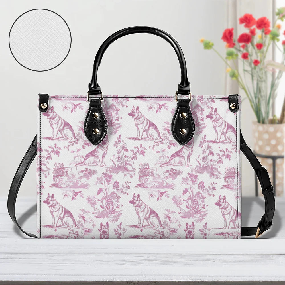 German Shepherd Pink Toile de Jouy Leather Handbag - French Toile Leather Handbag for German Shepherd Mom, Coquette Dog Lover Gifts, Mothers Day Leather Handbag