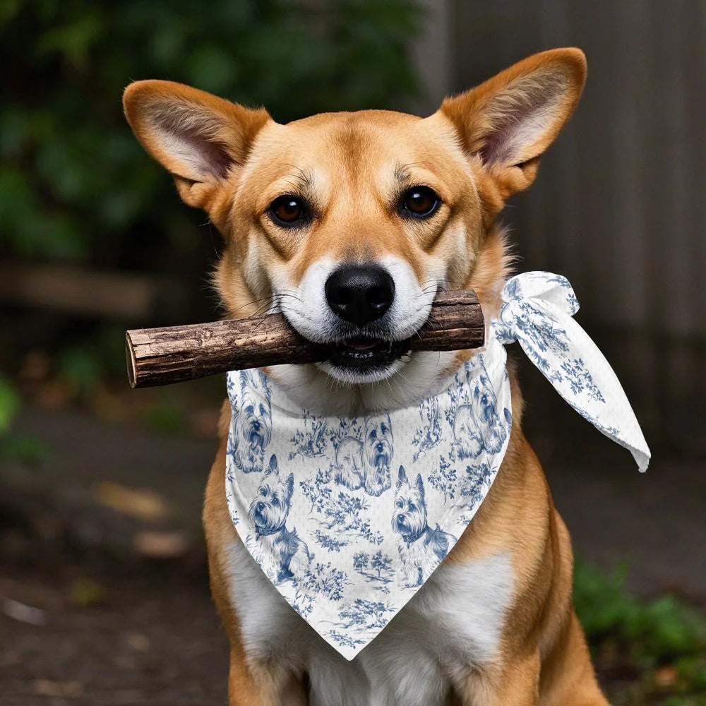 Yorkshire Terrier French Toile de Jouy pet headscarf - Elegant Yorkie Lovers Blue Toile pet headscarf for Dog Mom, Chinoiserie Pattern pet headscarf Gifts