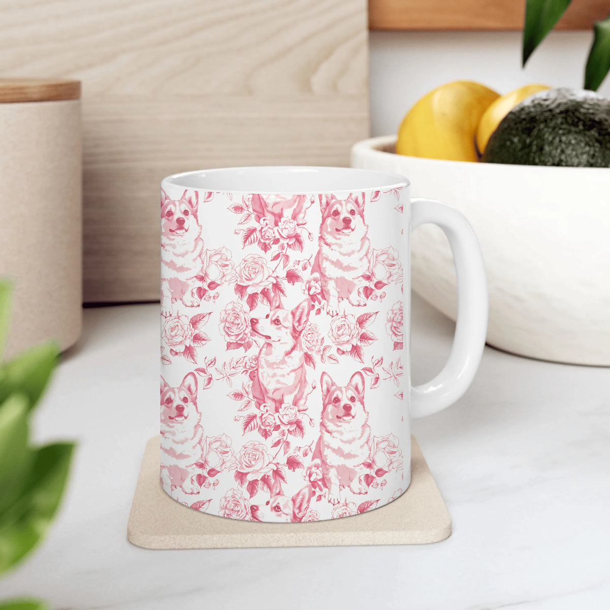 Corgi Pink Toile de Jouy Mug - Coquette Roses and Corgis Coffee Cup for Corgi Mom, Pembroke Welsh Corgi Gifts, Dog Lover Tea Cup Drinkware