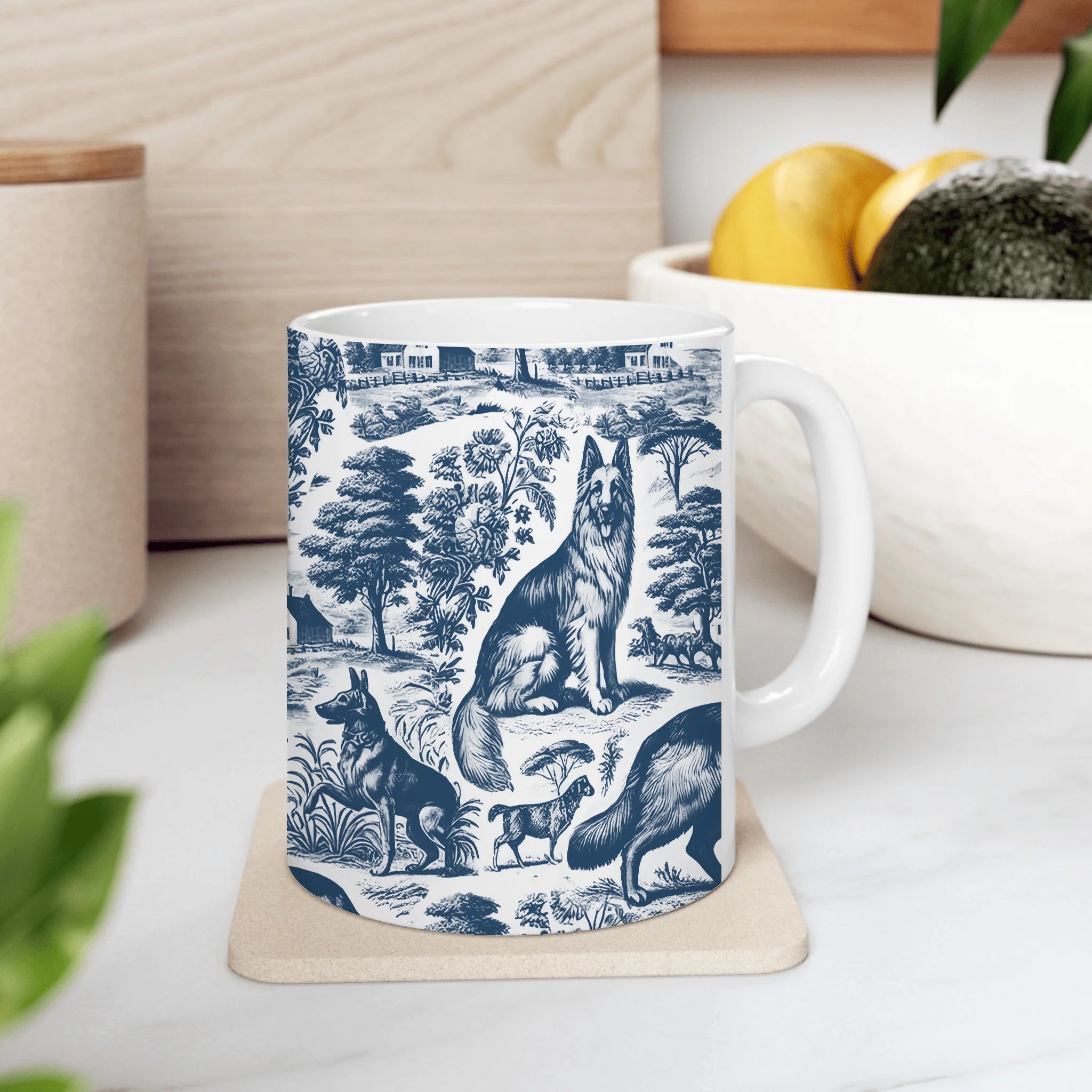 German Shepherd Mug - French Toile de Jouy Ceramic Mug - German Shepherd Gift for Dog Lovers, German Shepherd Mom - Blue Toile Cup
