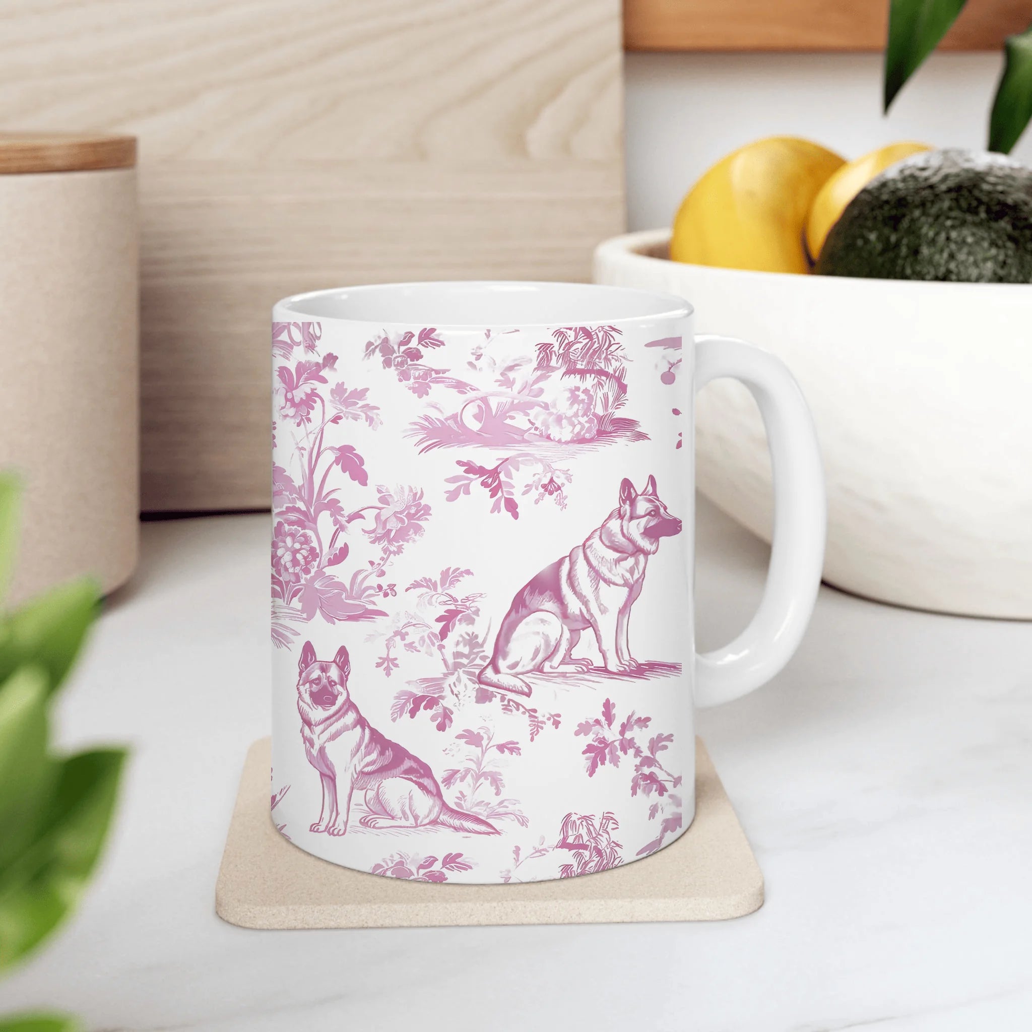 German Shepherd Pink Toile de Jouy Mug - French Toile Coffee Cup for German Shepherd Mom, Coquette Dog Lover Gifts, Mothers Day Tea Cup