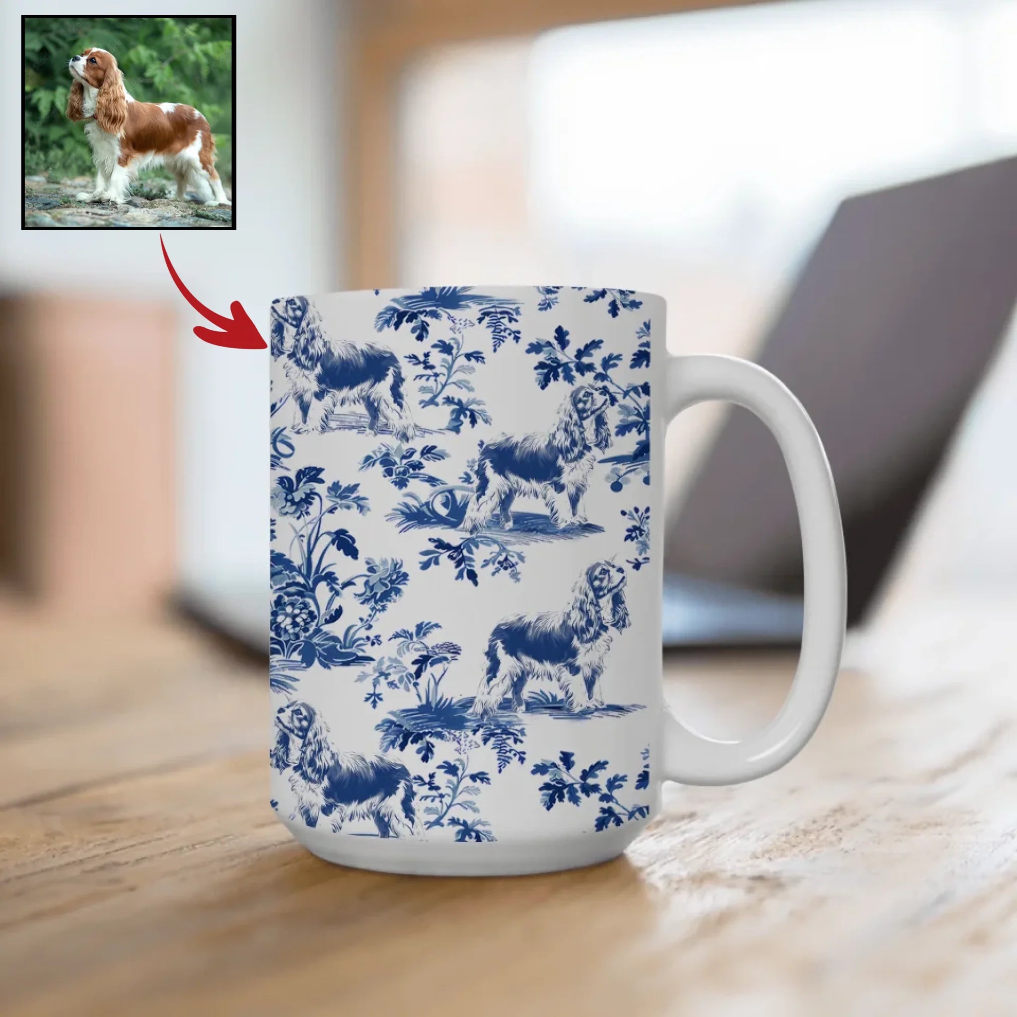 Personalized Cavalier King Charles Spaniel French Toile de Jouy Mug - Blue Toile Coffee Cup for Cavalier Mom