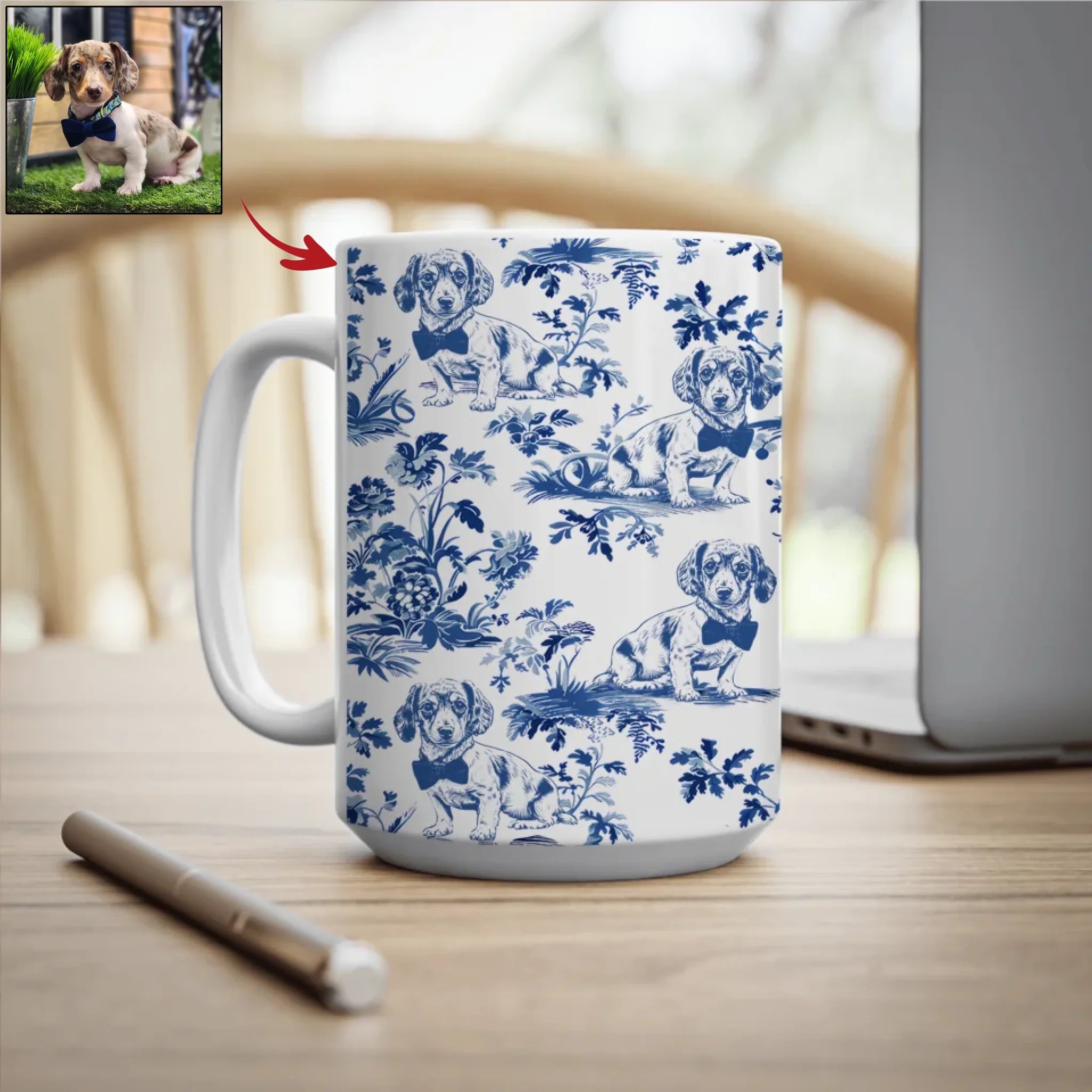CUSTOM Dachshund French Toile de Jouy Mug - Blue Toile Coffee Cup for Doxie Mom, Sausage Dog Lover Mug